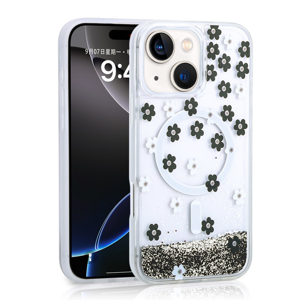 iPhone 15 Kılıf Sıvılı Simli Baskılı Şeffaf Arka Yüzey Mossa Silikon