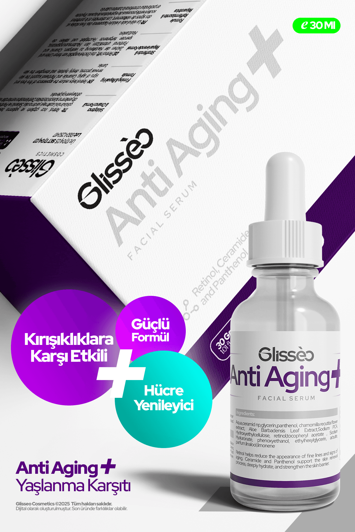 Antiaging Katkılı Yaşlanma ve Kırışıklık Karşıtı & Cilt Onarıcı Yüz Serumu 30 ml %2 Retinol + %5 Seramid 