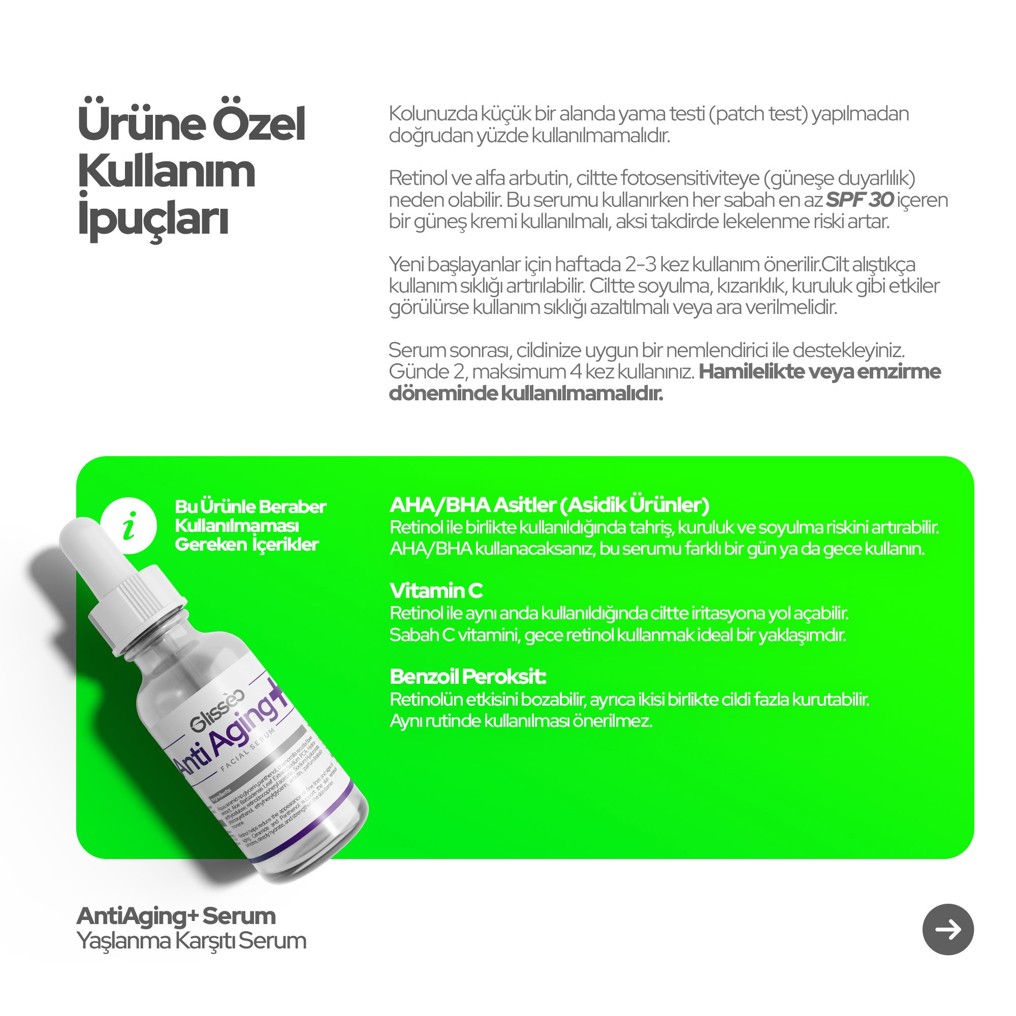 Glisseo - AntiAging+ Retinol ve Arbutin Katkılı Yüz Bakım Serumu - Kırışıklıklara Karşı Etkili ve Hücre Yenileyici Etki - 30Ml