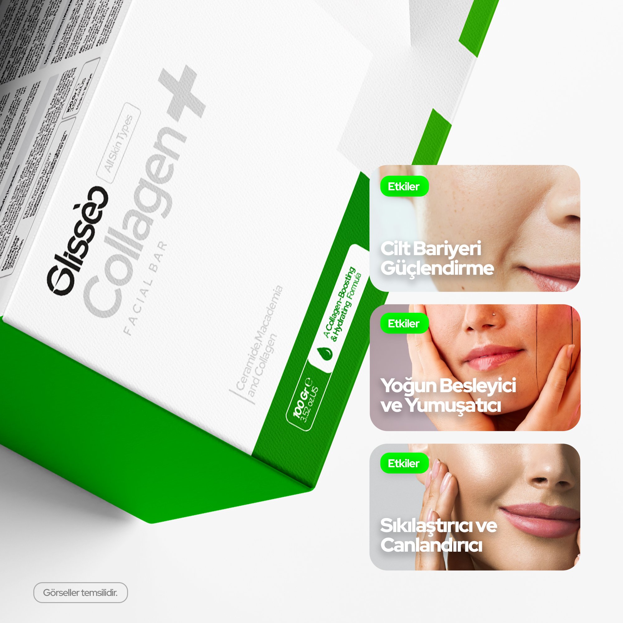 Glisseo Collagen+ Ceramide ve Macadamia Katkılı Yüz Bakım Sabunu Kolajen ile Yenilenme Etkisi 100GR