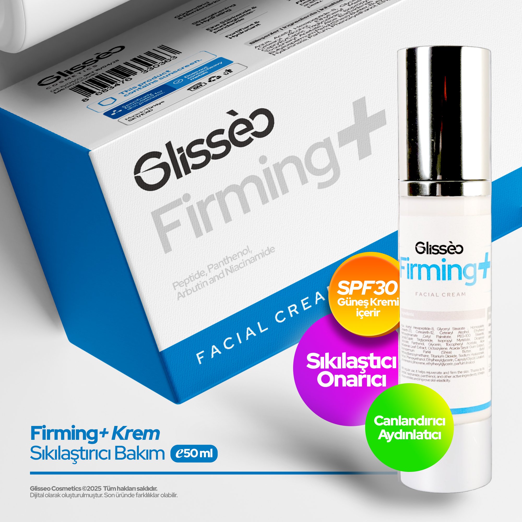 Glisseo - Firming+ Sıkılaştıcı Yüz Kremi - Canlandırıcı ve Onarıcı Etki + SPF30 Güneş Kremi ve Nemlendirici Etki - 50 ML