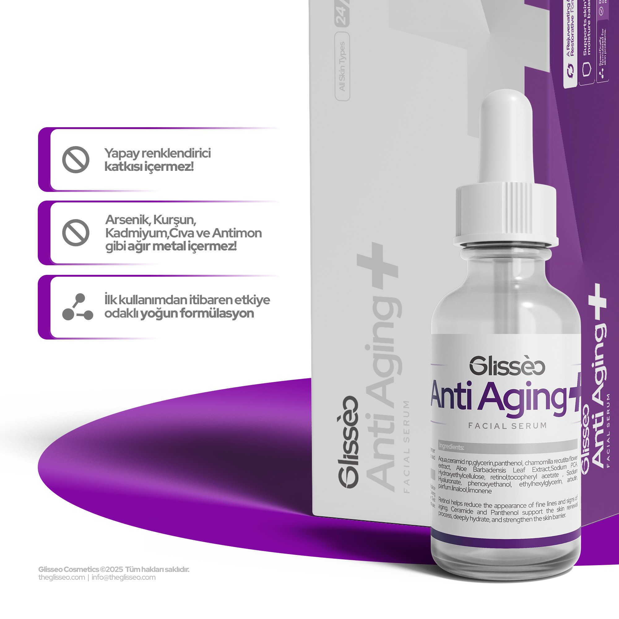 Glisseo - AntiAging+ Retinol ve Arbutin Katkılı Yüz Bakım Serumu - Kırışıklıklara Karşı Etkili ve Hücre Yenileyici Etki - 30Ml