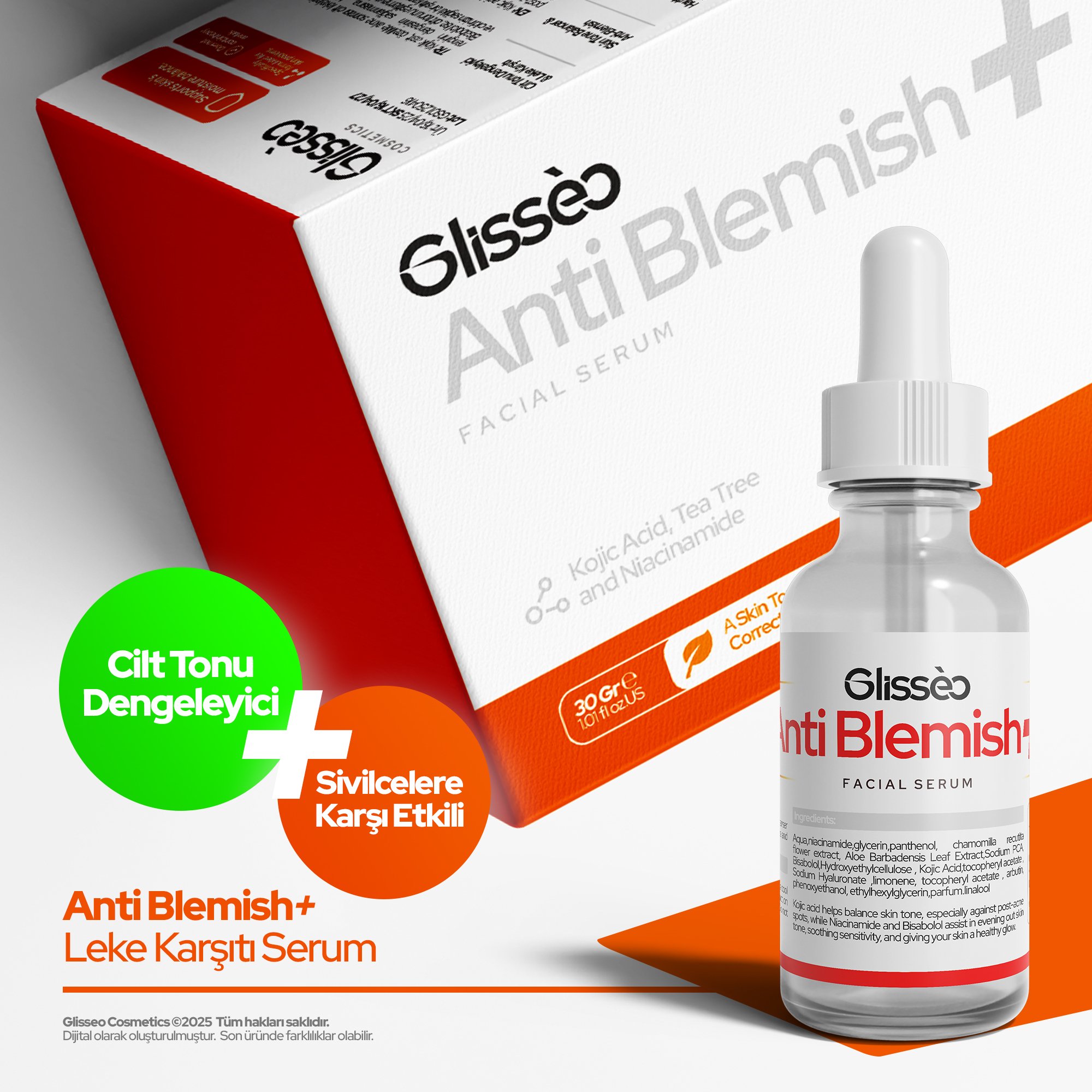 Glisseo - Anti Blemish+ Leke ve Akne Karşıtı Yüz Bakım Serumu - Cilt Tonu Eşitleyici ve Sivilce Karşıtı Etki Cilt Bakım Serumu - 30Ml
