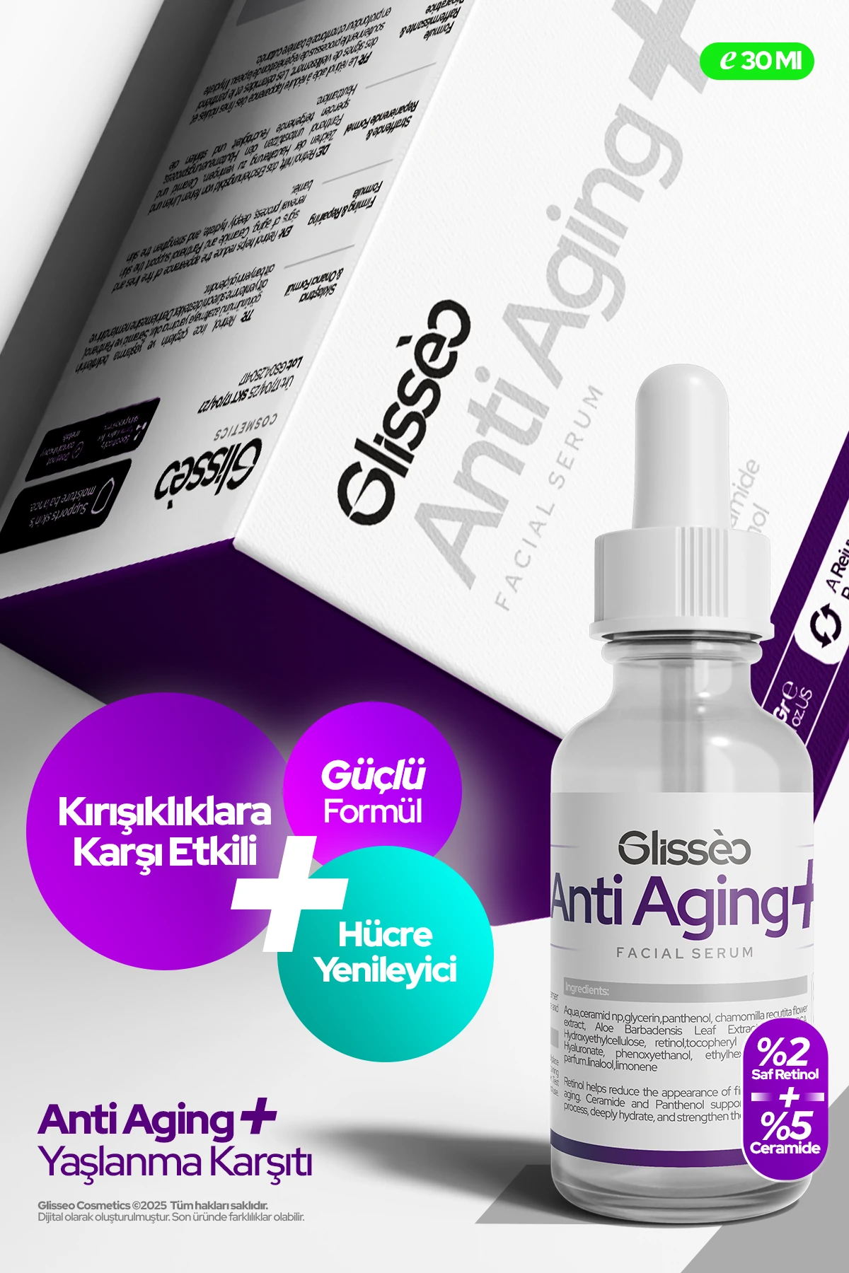 Antiaging Katkılı Yaşlanma ve Kırışıklık Karşıtı & Cilt Onarıcı Yüz Serumu 30 ml %2 Retinol + %5 Seramid 