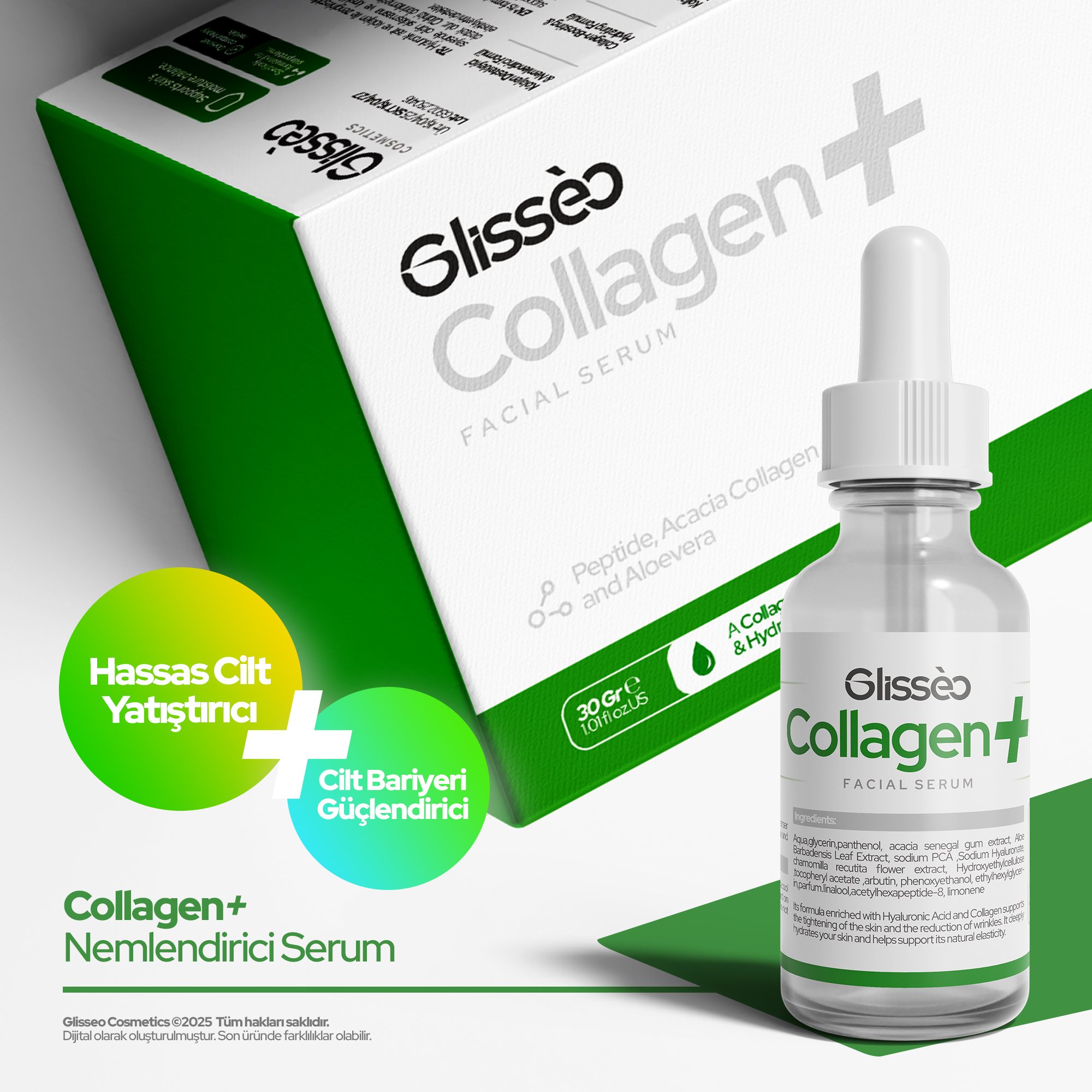 Glisseo Collagen+ Aloe Vera ve Panthenol Katkılı Yüz Bakım Serumu - Hassas Cilt Yatıştırıcı ve Cilt Bariyeri Güçlendirici Etki - 30Ml