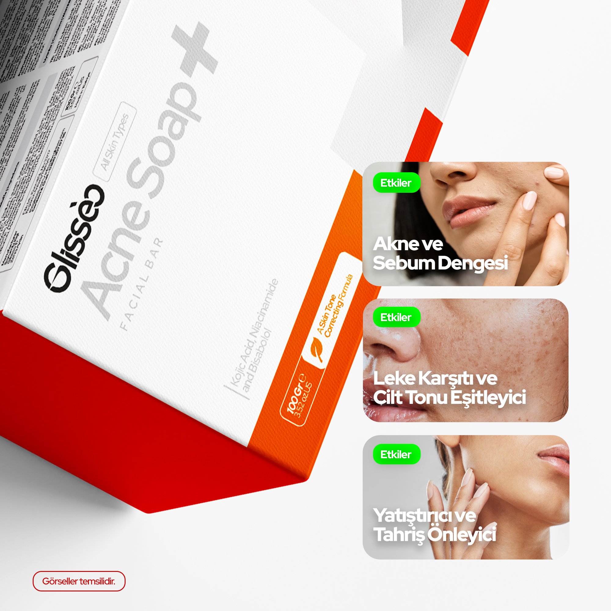 Glisseo - Kojik Asit ve Bisabolol Katkılı Yüz Bakım Sabunu - Sebum ve Cilt Tonu Dengeleyici Etki - 100GR