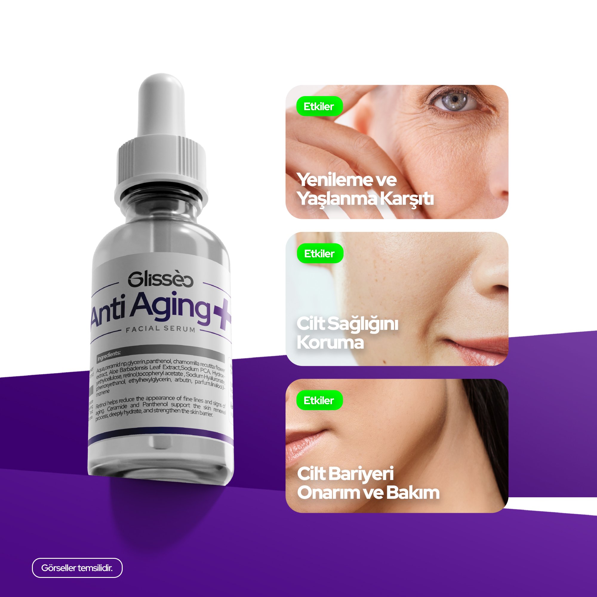 Glisseo - AntiAging+ Retinol ve Arbutin Katkılı Yüz Bakım Serumu - Kırışıklıklara Karşı Etkili ve Hücre Yenileyici Etki - 30Ml