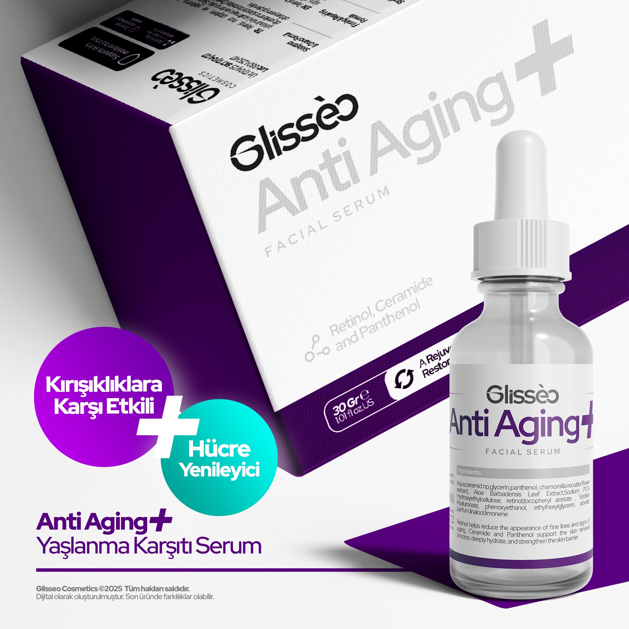 Glisseo - AntiAging+ Retinol ve Arbutin Katkılı Yüz Bakım Serumu - Kırışıklıklara Karşı Etkili ve Hücre Yenileyici Etki - 30Ml