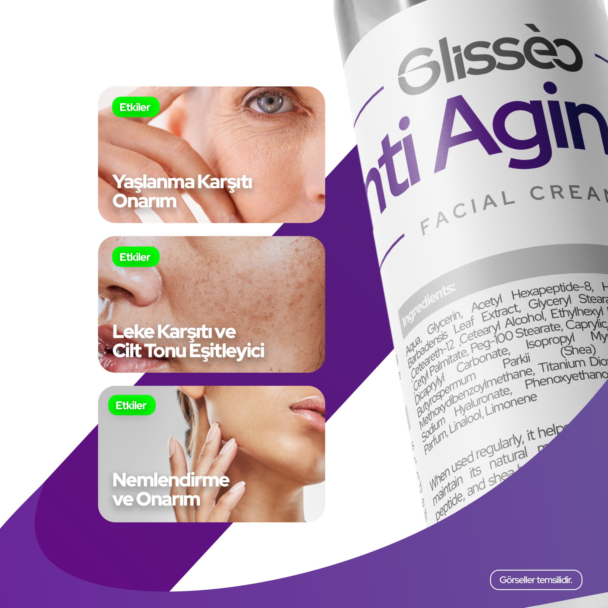 Glisseo - Anti Aging+ Yaşlanma Karşıtı Yüz Kremi - Kırışık Karşıtı ve Cilt Tonu Dengeleyici Etki + SPF30 Güneş Kremi - 50 ML