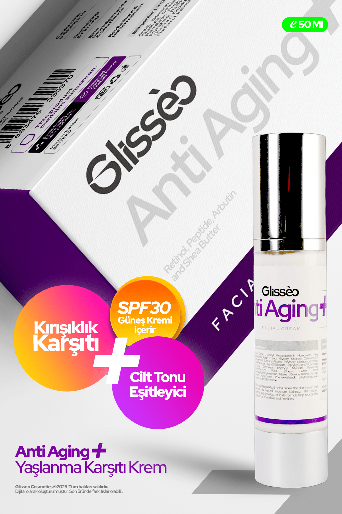 Anti Aging Cilt Kırışıklıkları Ve Yaşlanma Karşıtı Spf30 Yüz Kremi 50 ml %2 Retinol %10 Ceramide