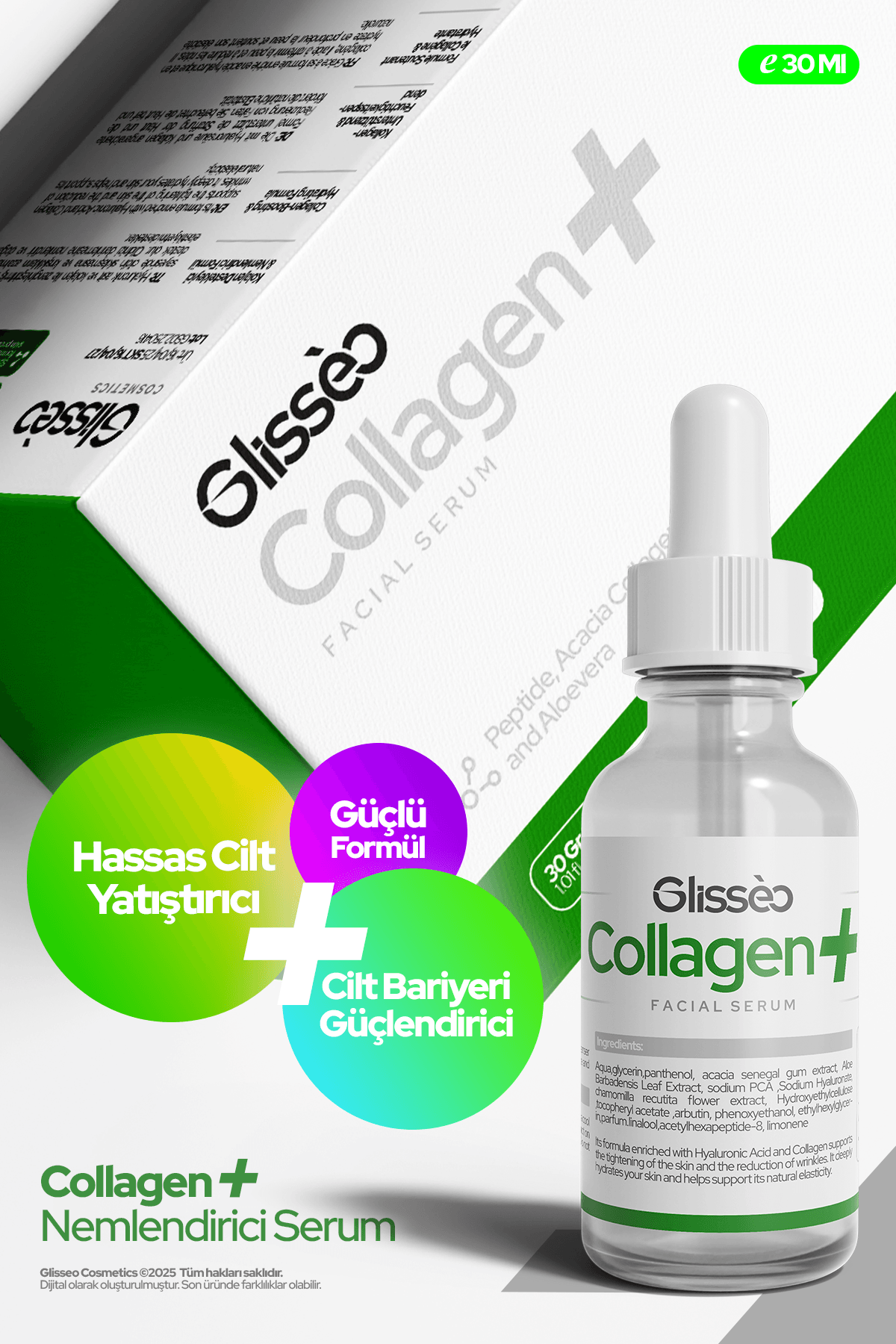 Glisseo - Collagen %10 Peptid + %2 Kolajen Katkılı Cilt Bariyer Güçlendirici ve Yatıştırıcı Yüz Serumu 30 ml