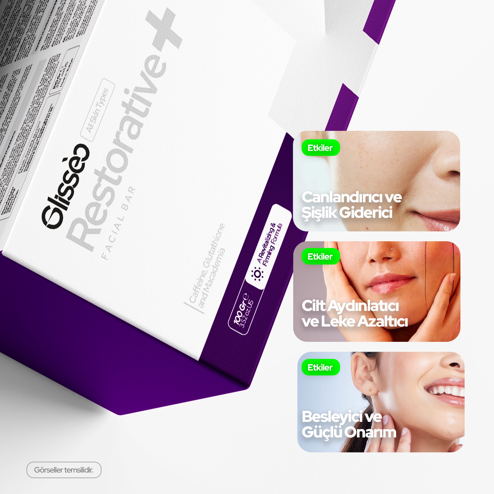 Glisseo - Restorative+ Kafein ve Glutathione Katkılı Onarıcı Yüz Bakım Sabunu - Besleyici ve Aydınlatıcı Etki - 100GR