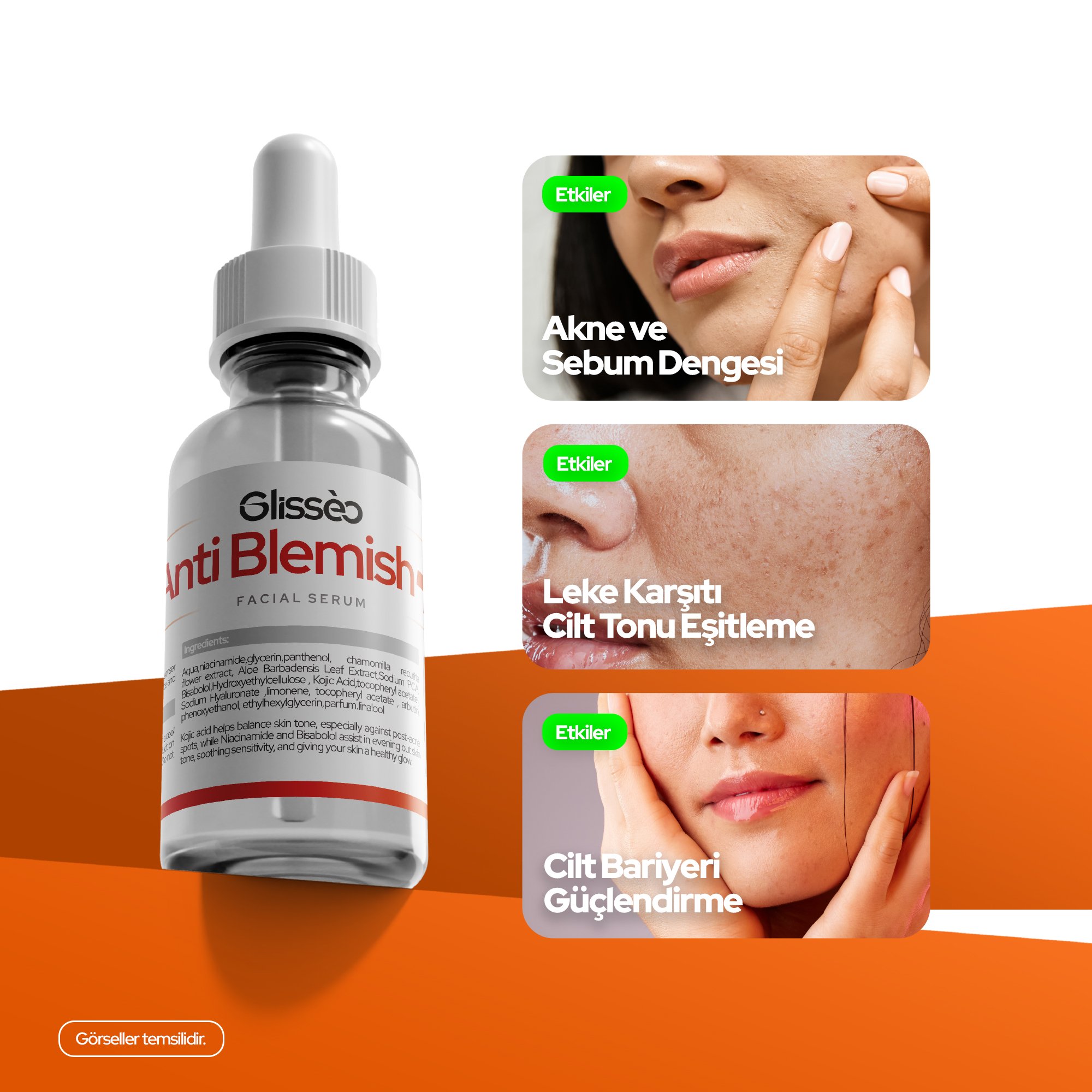 Glisseo - Anti Blemish+ Leke ve Akne Karşıtı Yüz Bakım Serumu - Cilt Tonu Eşitleyici ve Sivilce Karşıtı Etki Cilt Bakım Serumu - 30Ml