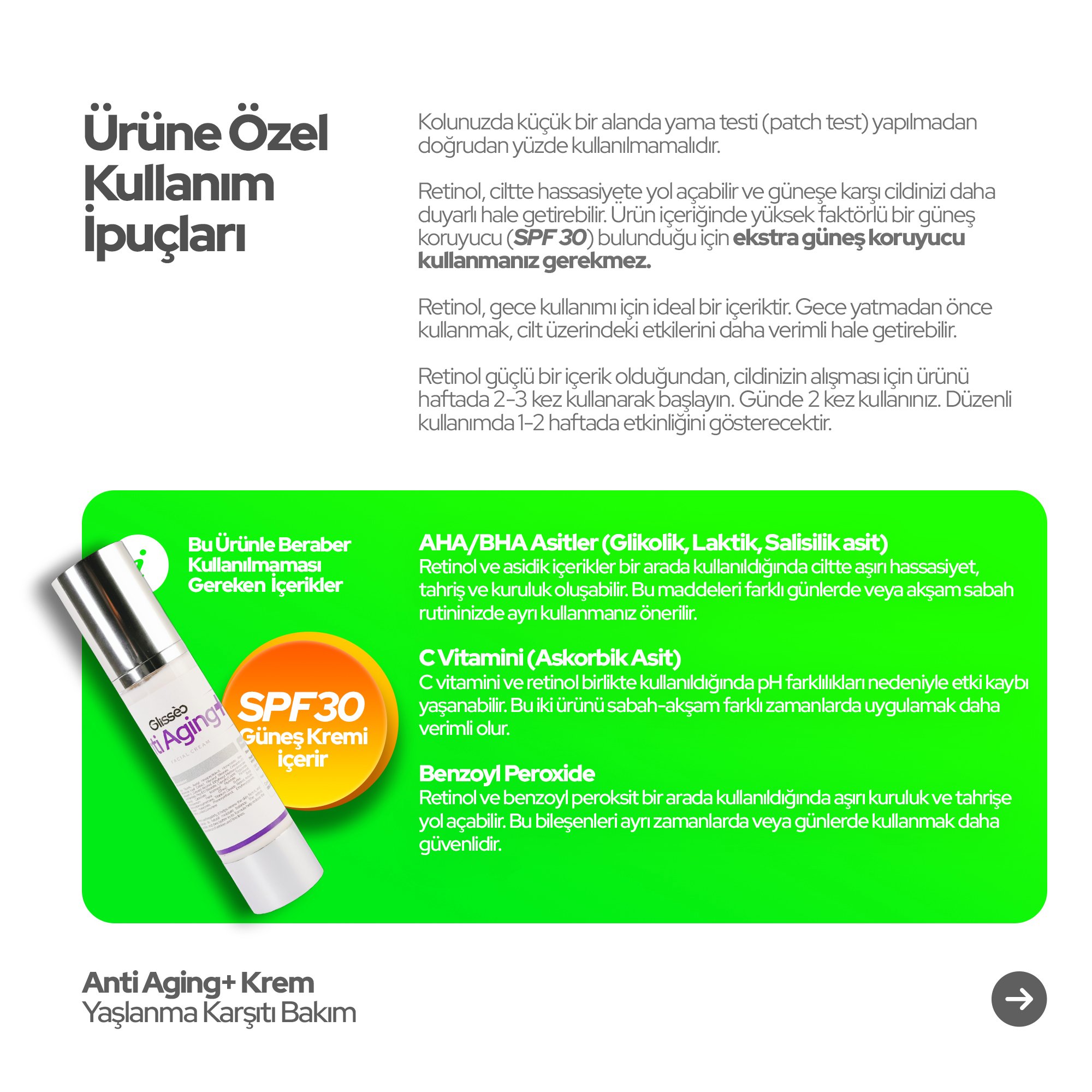 Glisseo - Anti Aging+ Yaşlanma Karşıtı Yüz Kremi - Kırışık Karşıtı ve Cilt Tonu Dengeleyici Etki + SPF30 Güneş Kremi - 50 ML