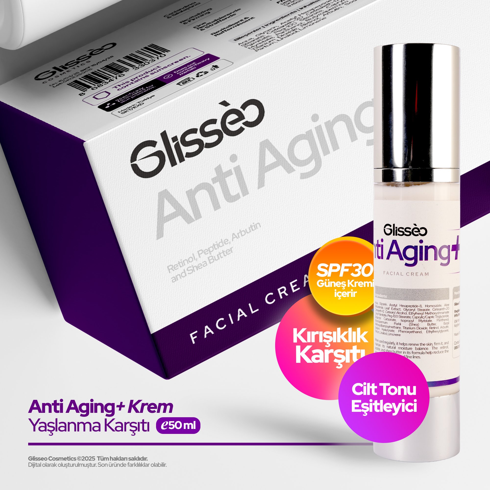 Glisseo - Anti Aging+ Yaşlanma Karşıtı Yüz Kremi - Kırışık Karşıtı ve Cilt Tonu Dengeleyici Etki + SPF30 Güneş Kremi - 50 ML