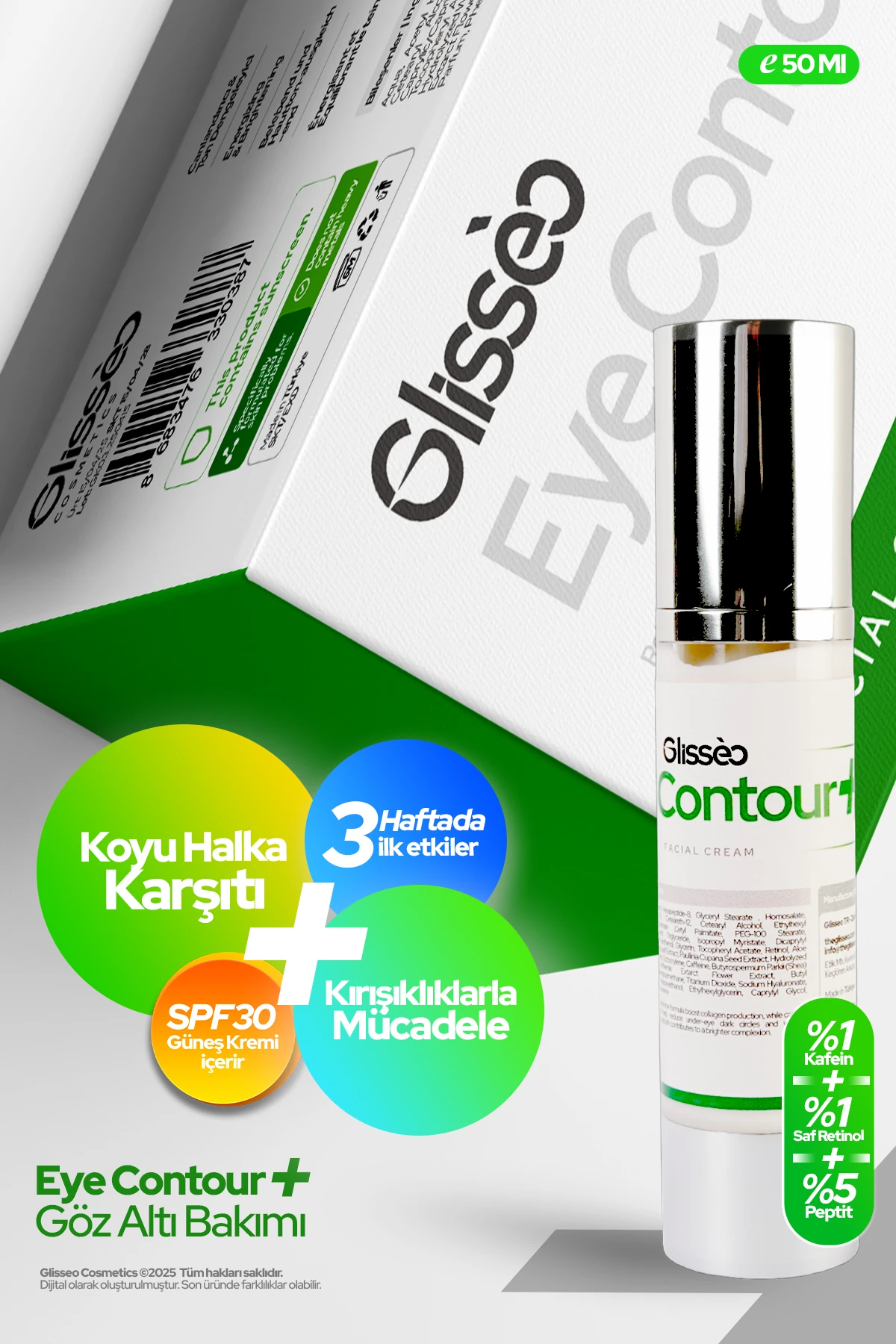 Eyecontour %5 Peptit %1 Retinol Koyu Halka, Şişlik Ve Kırışıklık Karşıtı Spf30 Göz Kremi 50 Ml