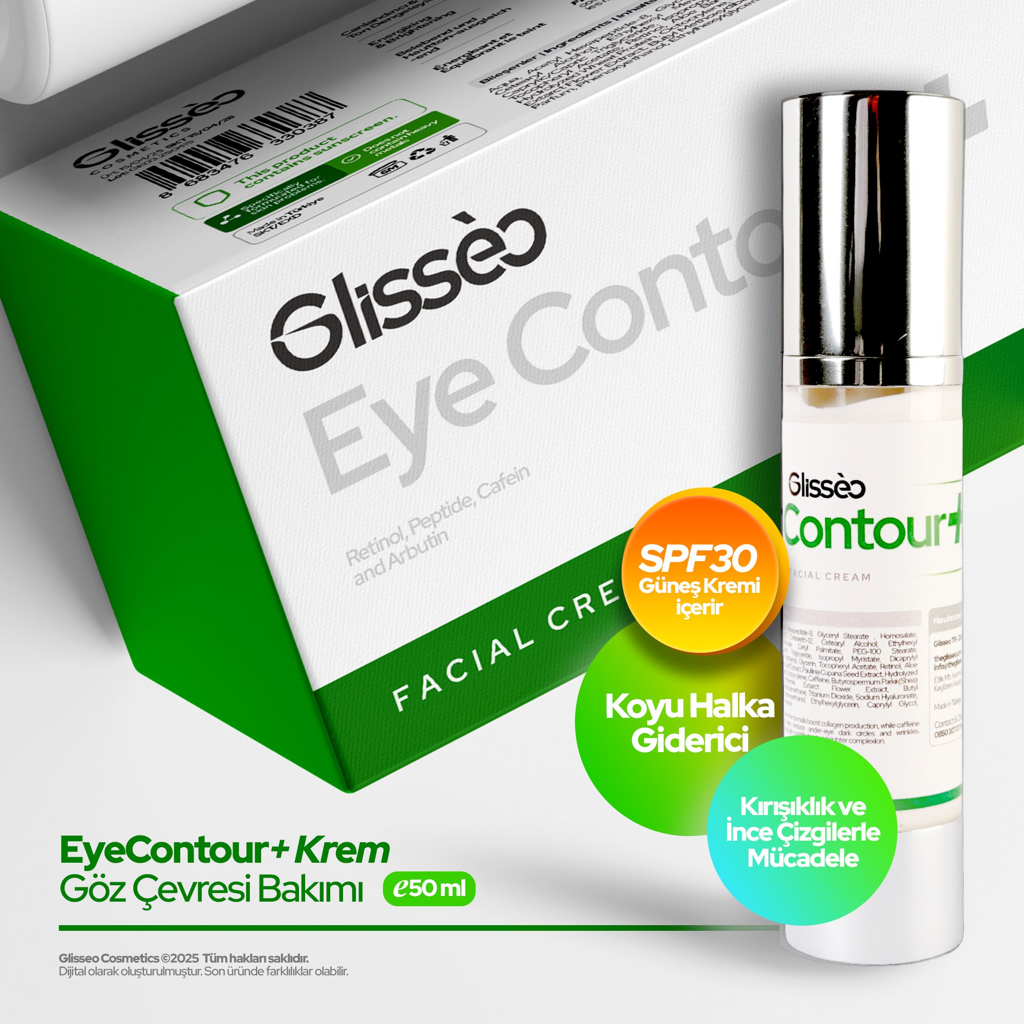 Glisseo - Eye Contour+ Koyu Halka, Şişlik ve Kırışıklık Karşıtı Göz Kremi + SPF30 Güneş Kremi - 50 ML