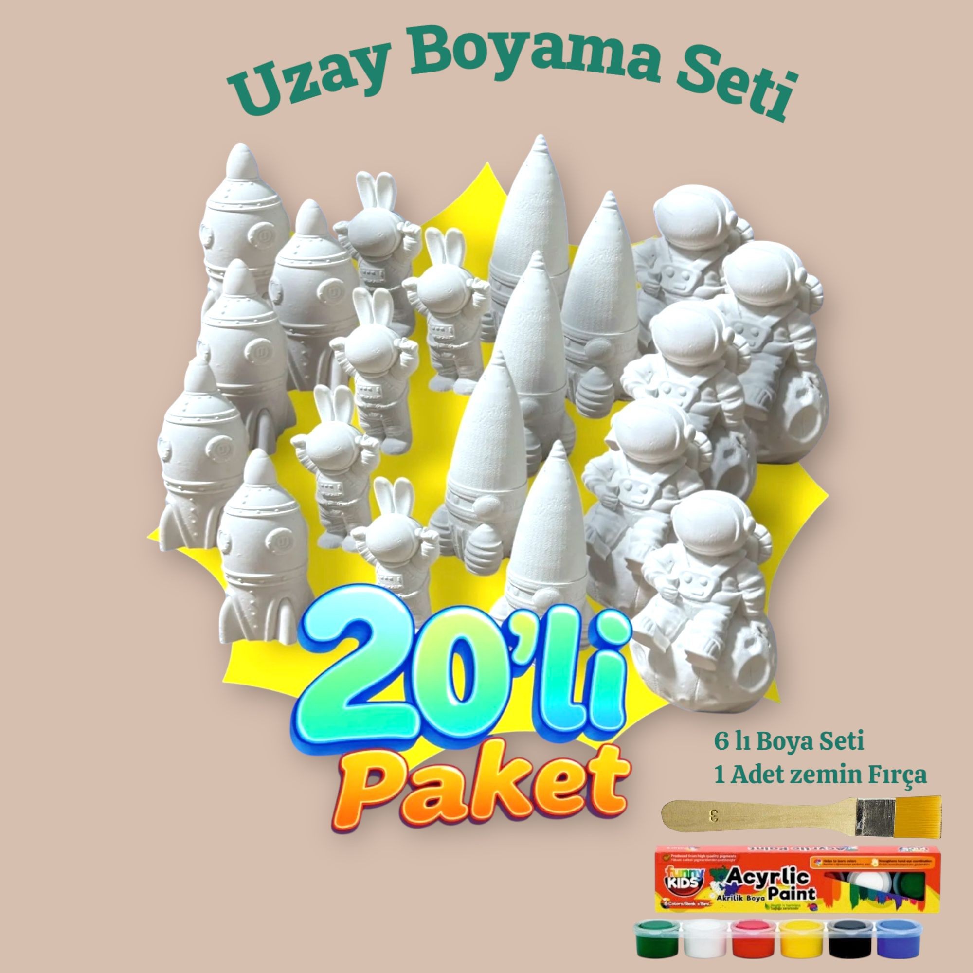 20'li Taş Boyama Seti 6lı Boya ve 3 Numara Fırça 