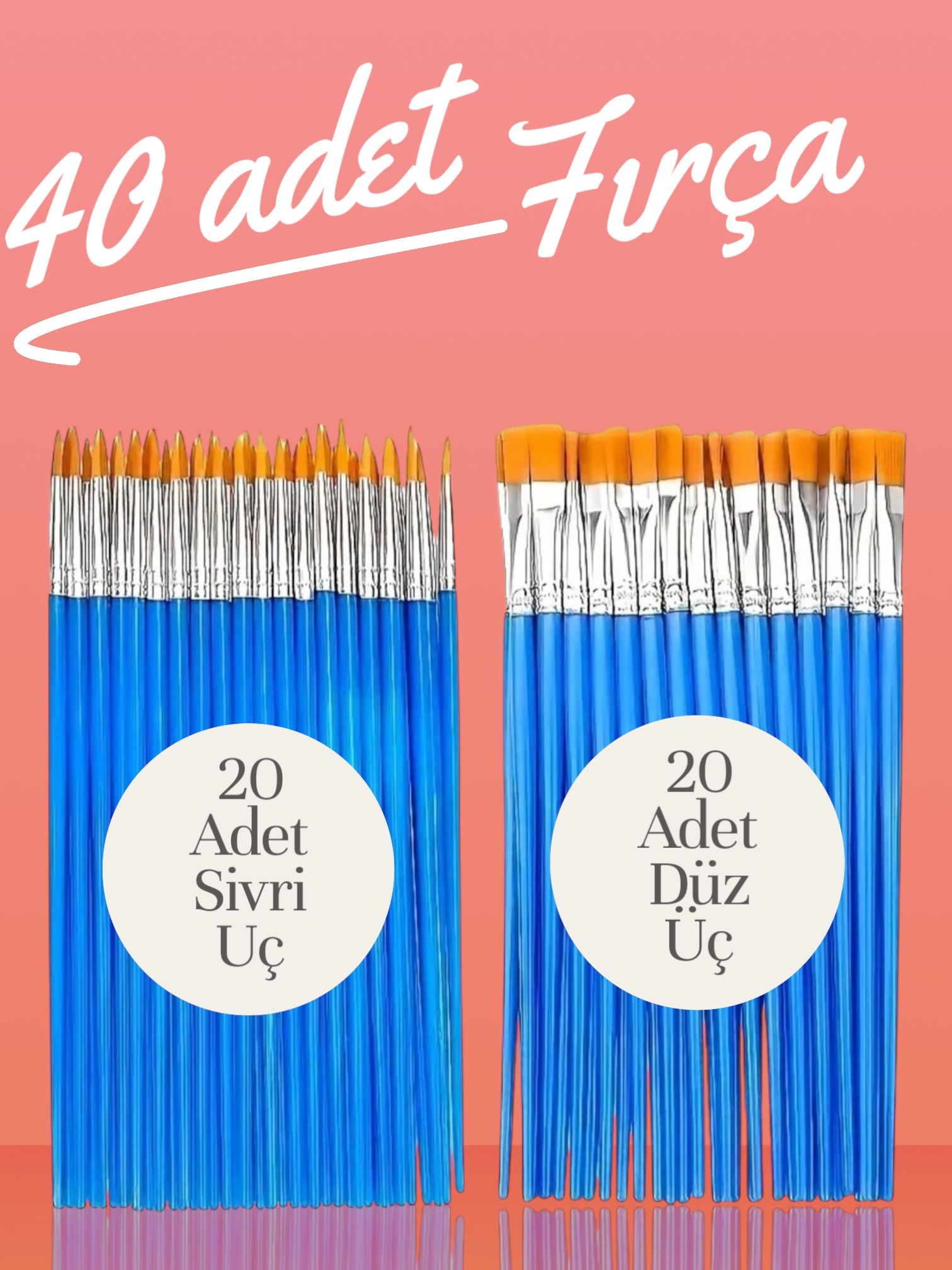 Mavi Saplı Fırça 40 Adet ( 20 adet sivri-20 adet düz)