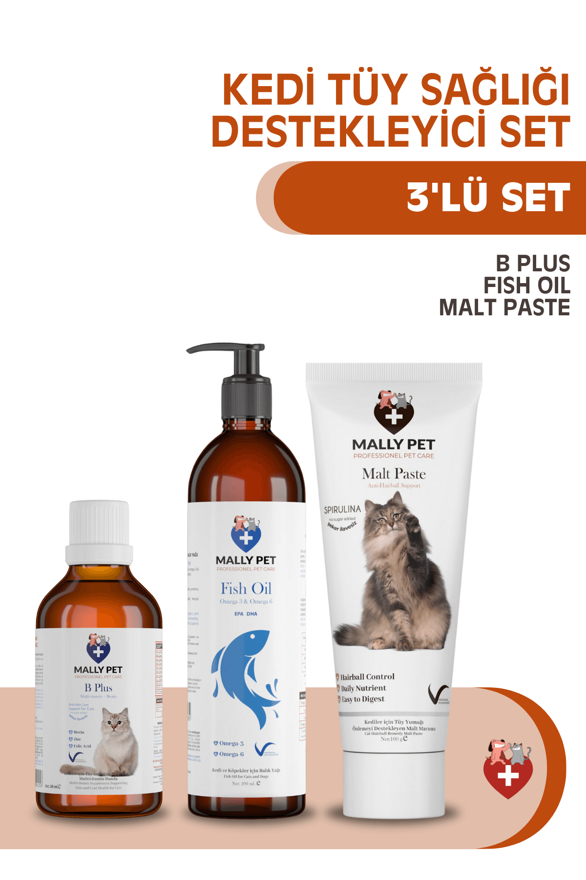 Kedi Tüy Sağlığı Seti (B Plus Damla + Balık Yağı + Malt Paste) 3'lü Set