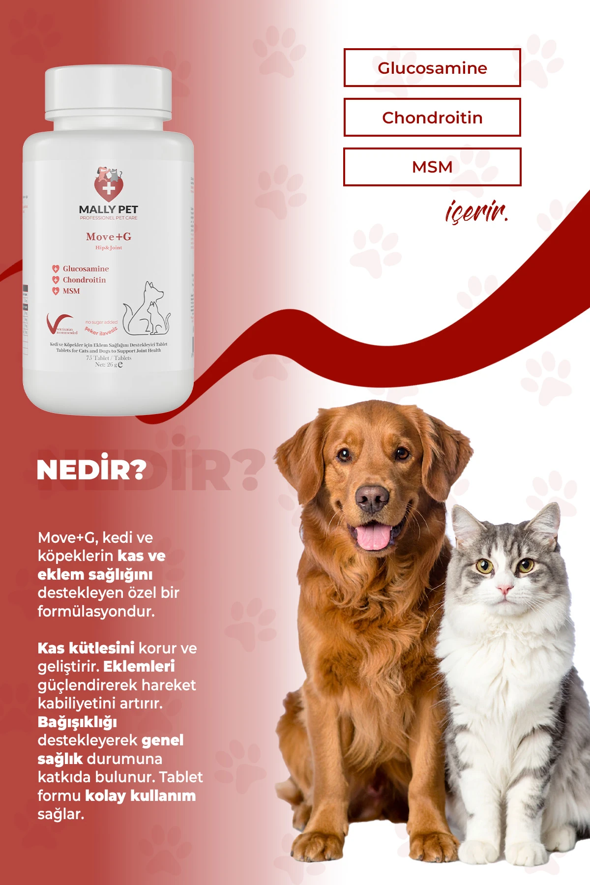 Kedi ve Köpekler İçin Eklem ve Kas Sistemi Destekleyici Glukozamin Tablet Move+G