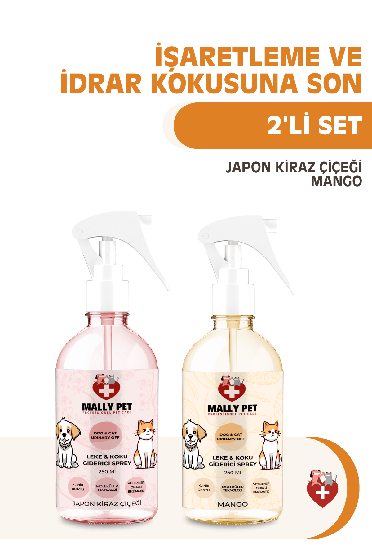 Evcil Hayvanlar İçin Koku ve Leke Giderici Sprey (2 x 250 Ml) Kiraz Çiçeği ve Mango Kokulu Set