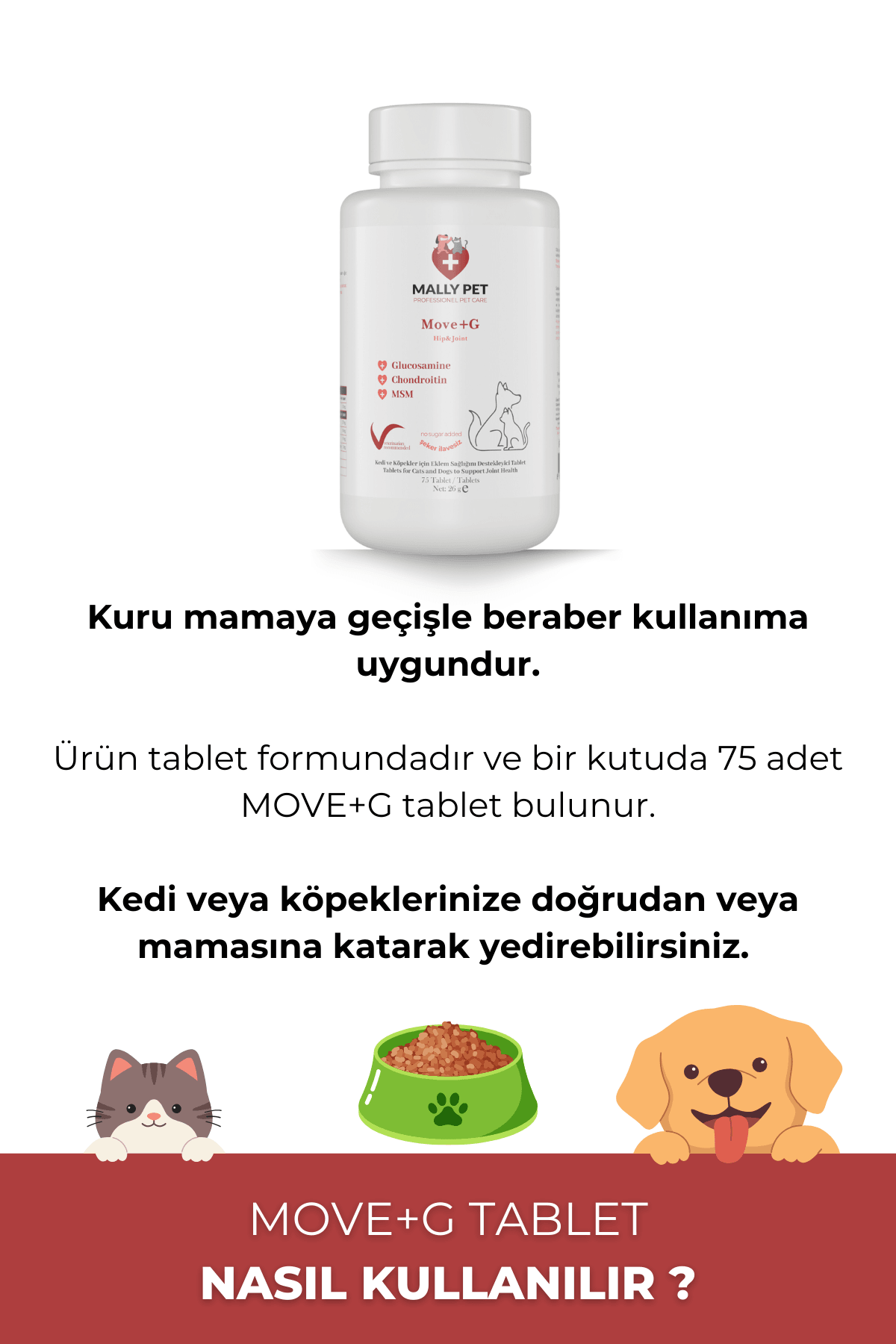 Kedi ve Köpekler İçin Eklem ve Kas Sistemi Destekleyici Glukozamin Tablet Move+G