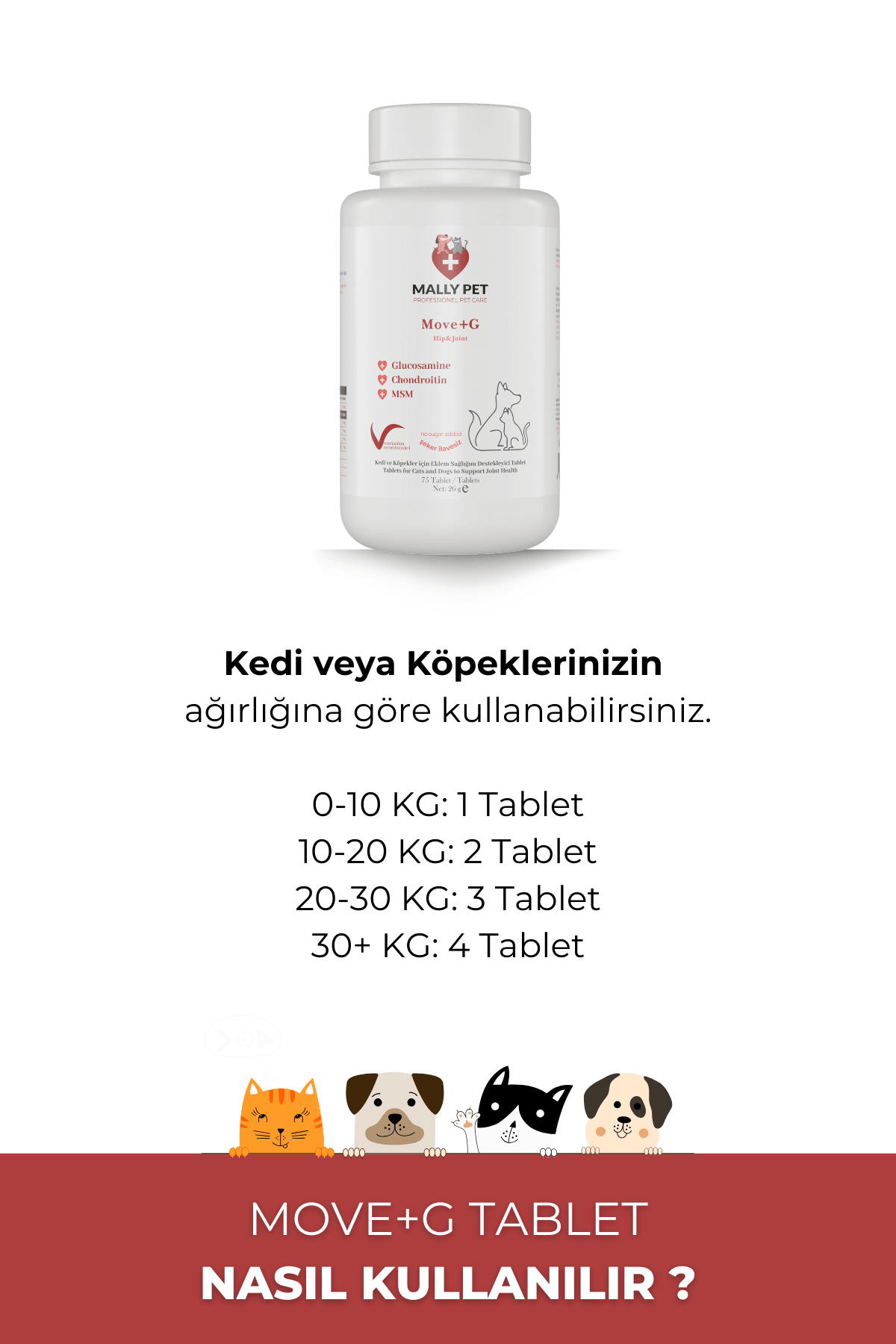 Kedi ve Köpekler İçin Eklem ve Kas Sistemi Destekleyici Glukozamin Tablet Move+G