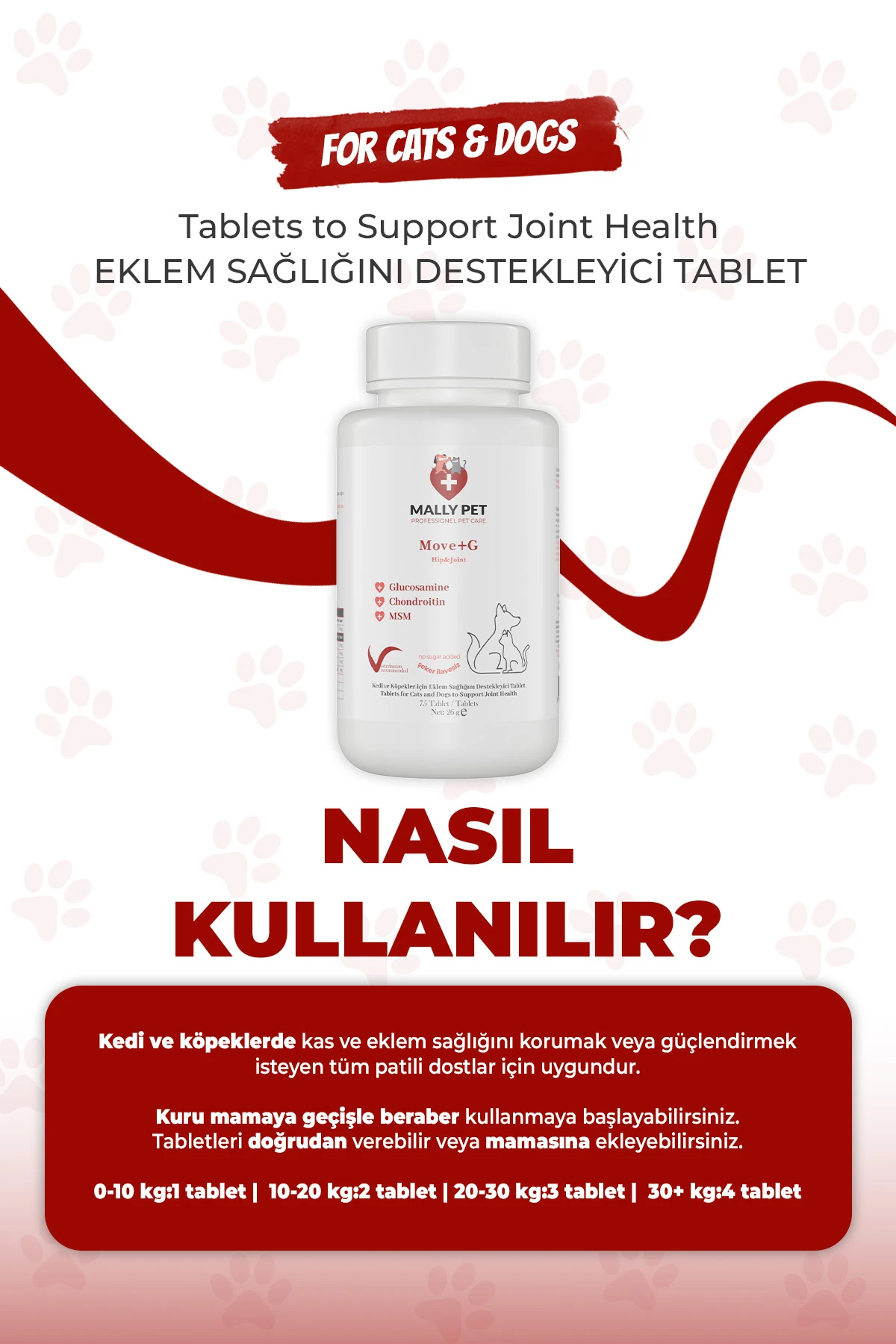 Kedi ve Köpekler İçin Eklem ve Kas Sistemi Destekleyici Glukozamin Tablet Move+G