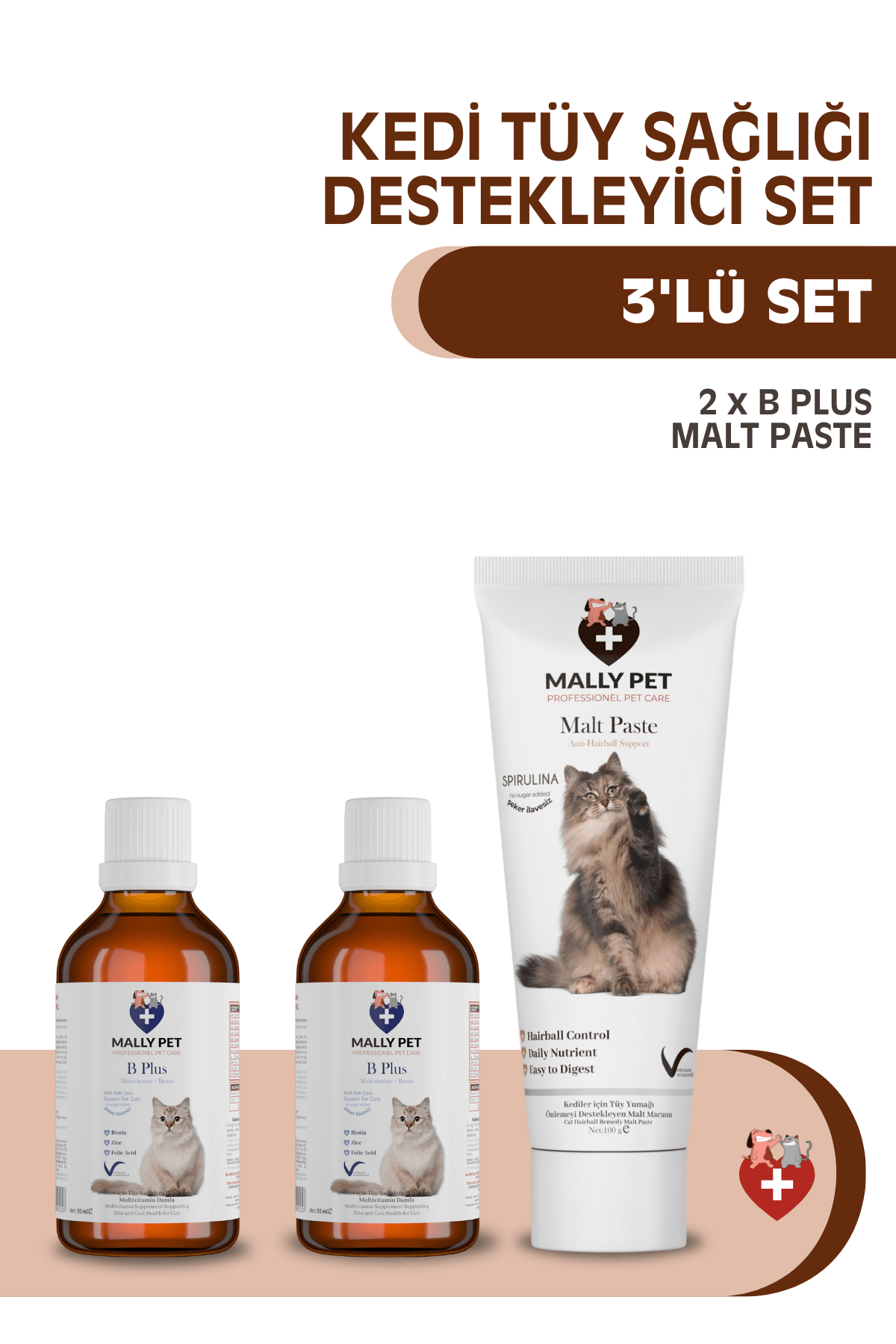 Kediler İçin Tüy Yumağı Önleyici Set (2 x B Plus + Malt Paste) 3'lü Set