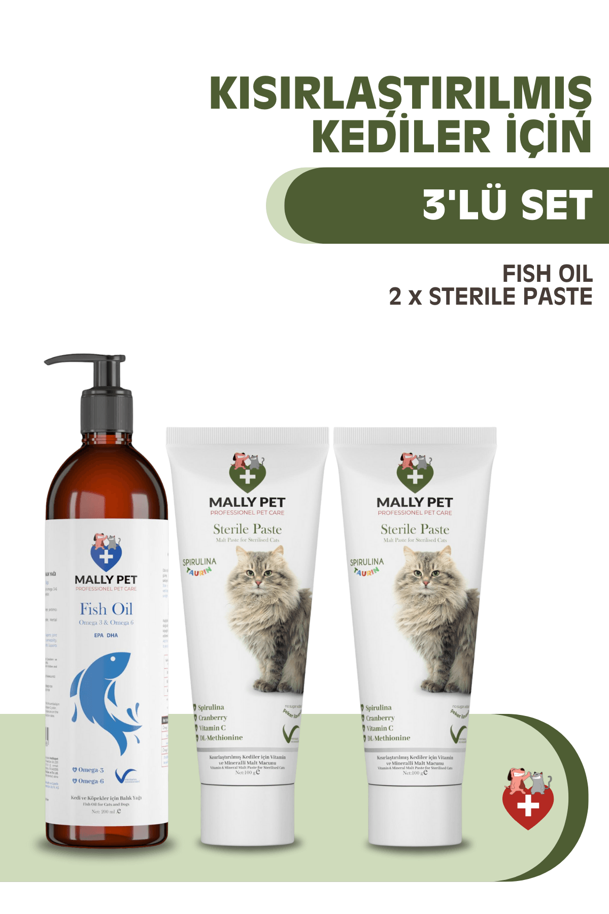 Kısırlaştırılmış Kediler İçin Tüy Sağlığı Seti (Fish Oil + 2 x Sterile Paste) 3'lü Set