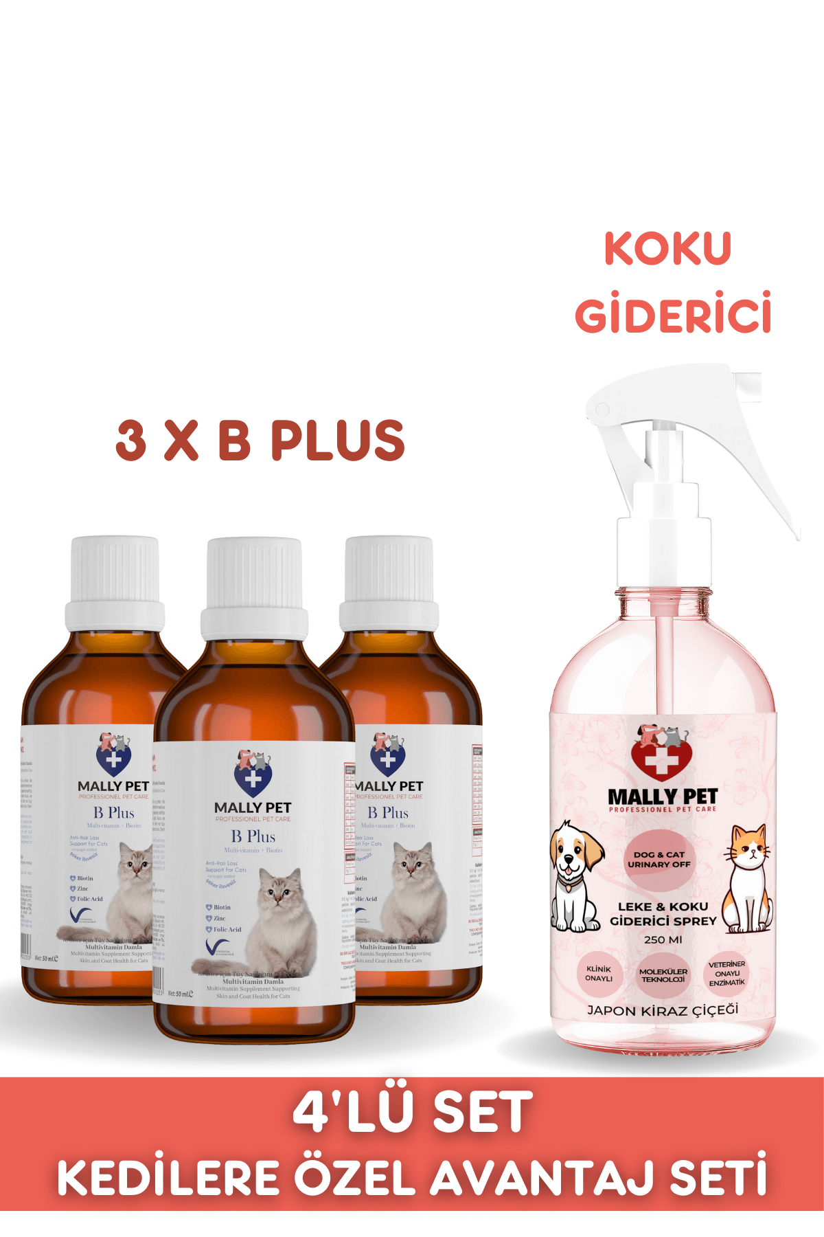 Kedi Tüy Sağlığı Paketi (3 Adet B Plus Damla + Koku ve Leke Giderici Sprey)