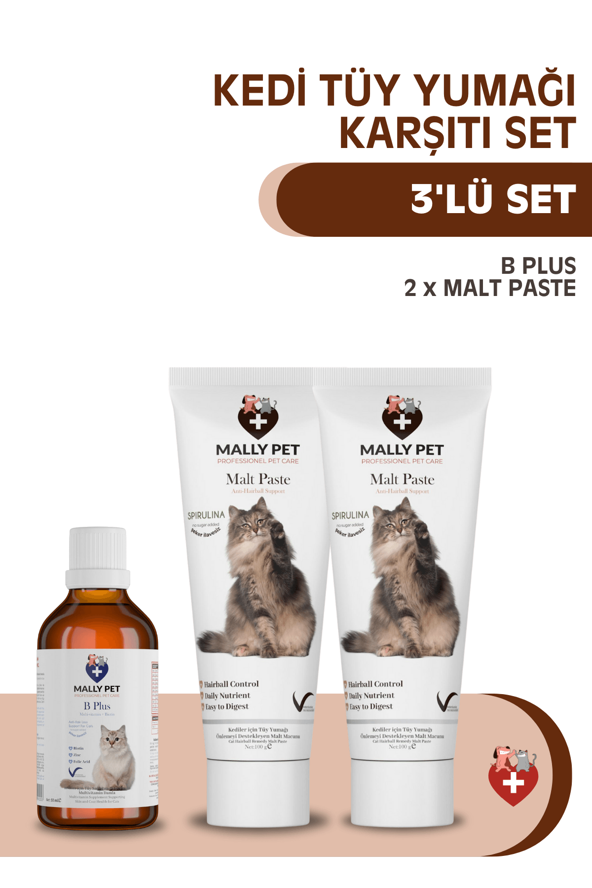 Kediler İçin Tüy Yumağı Önleyici Set (B Plus + 2 x Malt Paste)