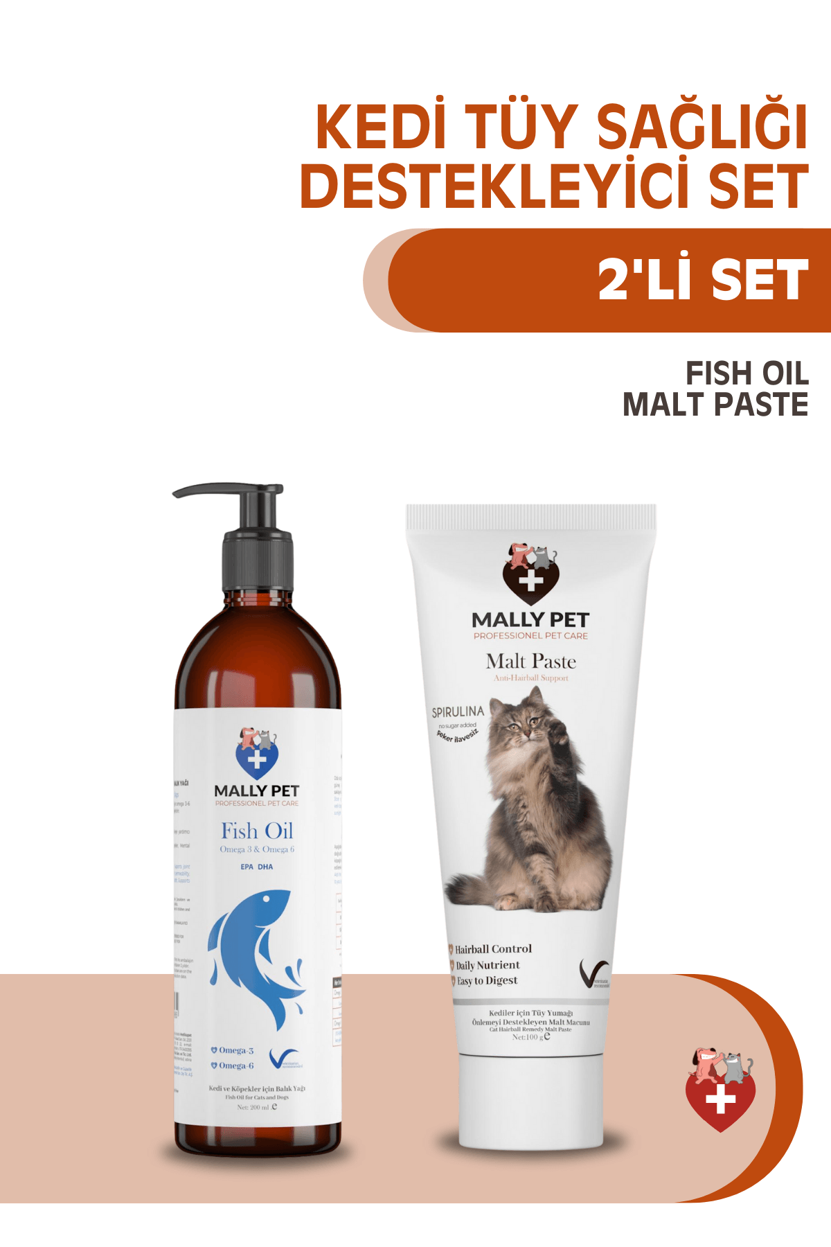 Kediler İçin Tüy Sağlığı Destekleyici Set (Balık Yağı + Malt Paste)