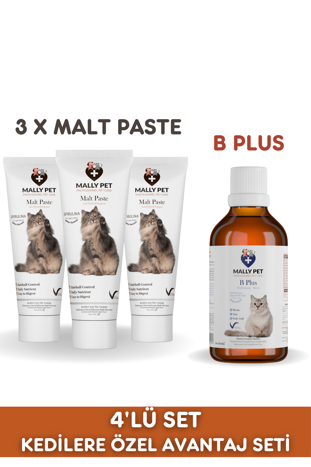 Kedi Tüy Sağlığı Paketi (3 Adet Malt Paste + B Plus Tüy Dökülmesi Engelleyici)