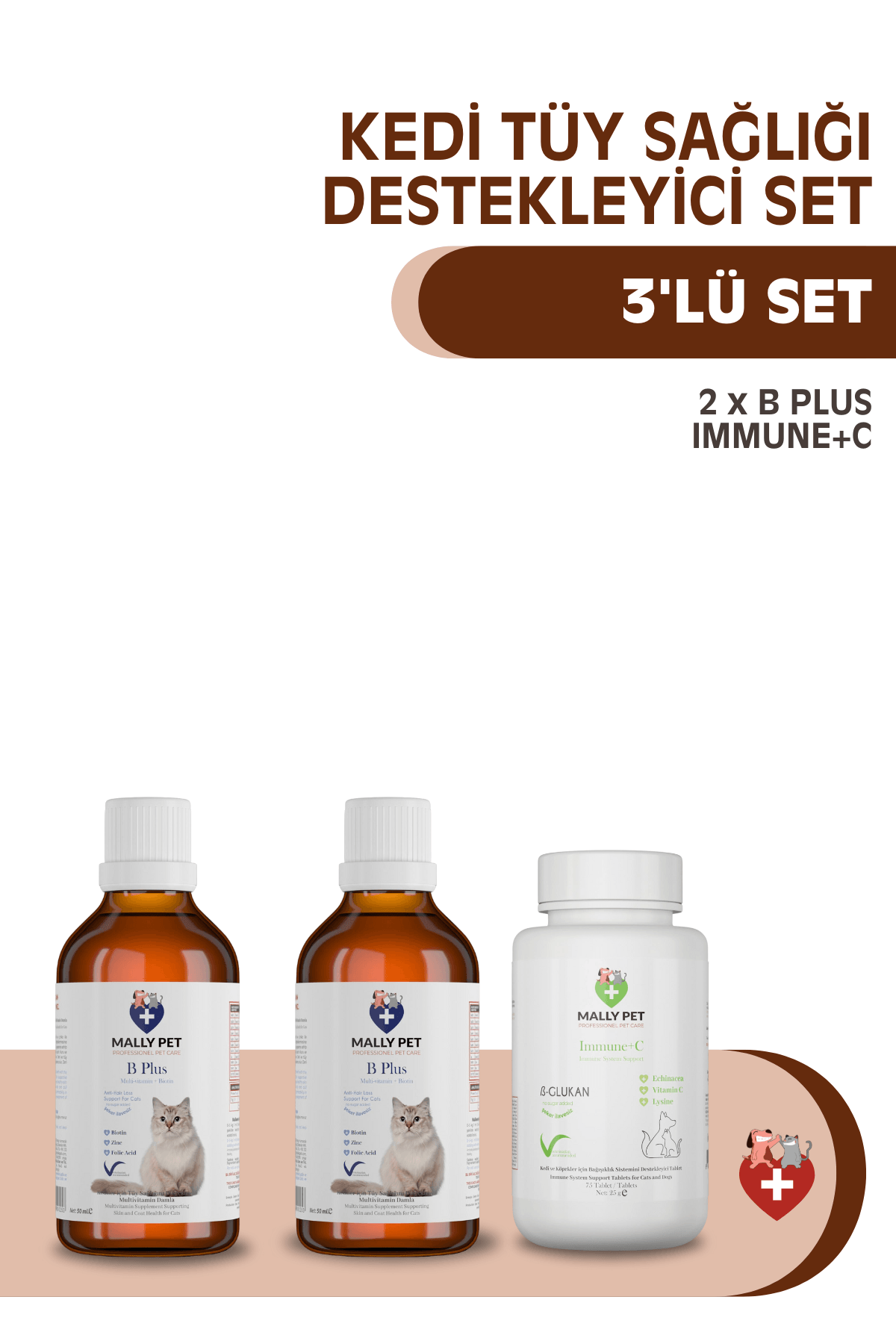 Kedi Tüy Dökümü Karşıtı Set (2 x B Plus Damla + ImmuneC Tablet) 3'lü Set