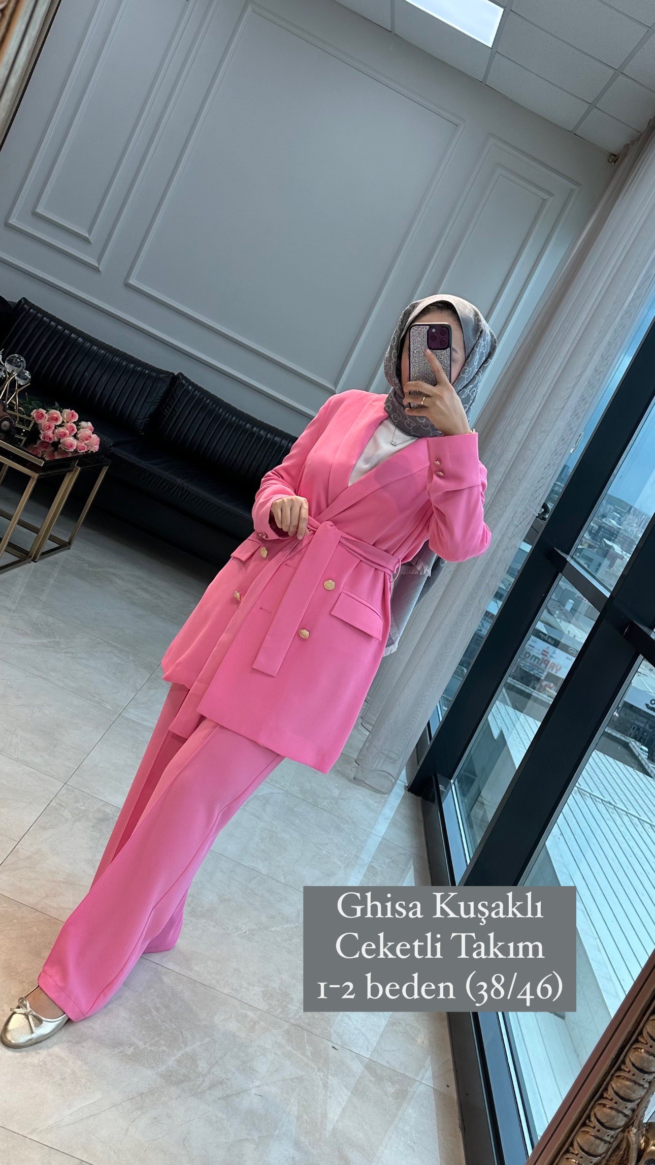 Ghisa Kuşaklı Ceketli Takım (Pembe)