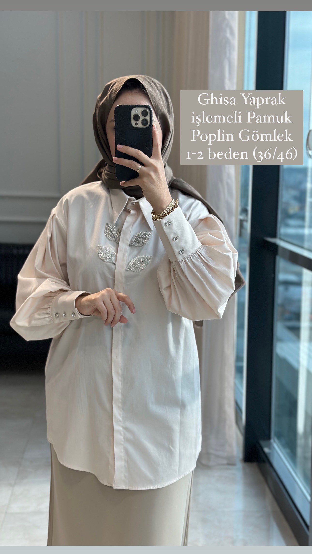 Ghisa yaprak işlemeli poplin gömlek
