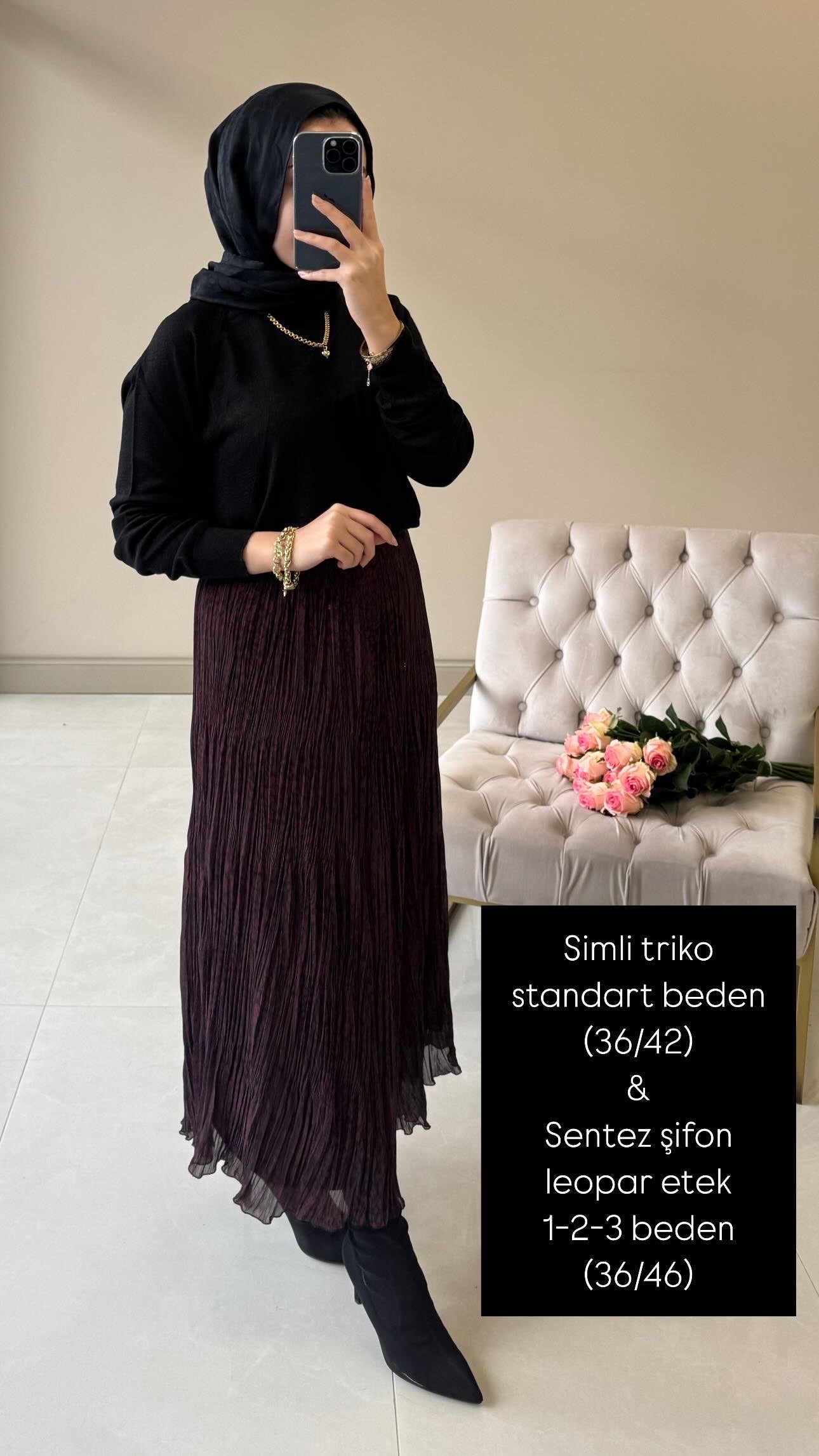 Sentez şifon leopar etek bordo