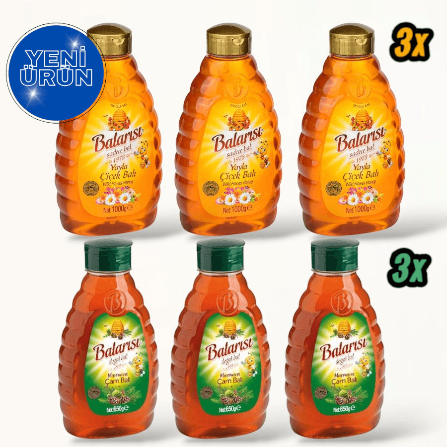 Balarısı Doğal Çiçek 1 kg ve Çam Balı 650gr  ( 2x 3 Adet) 4,95 kg Süper Paket