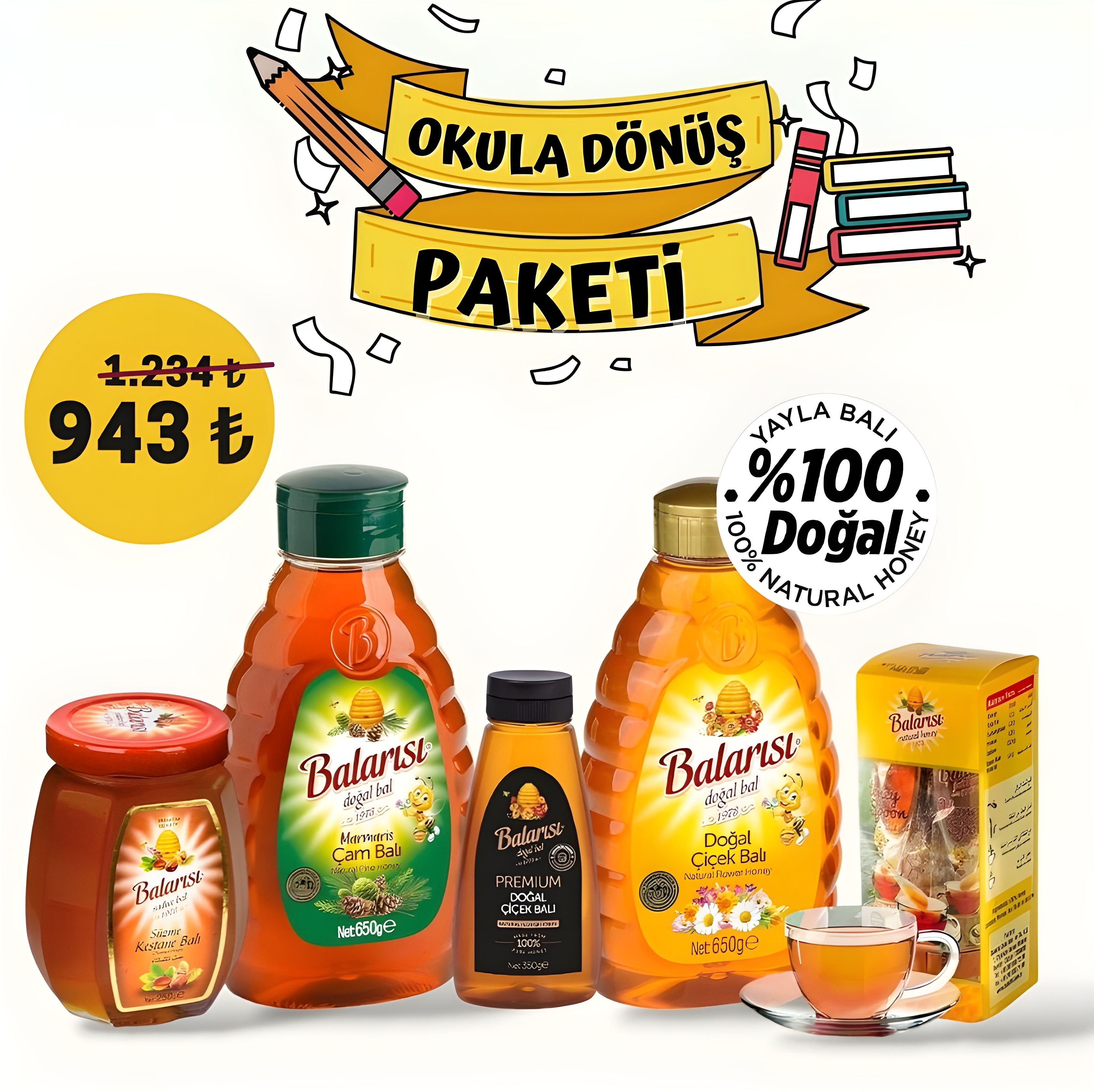 Okul Öncesi İhtiyaç Paketi (650gr Çam ve Çiçek, 250gr Kestane, 350gr premium bal ve 10 lu Kaşık bal) 