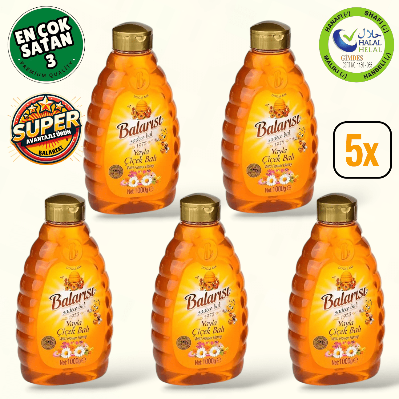 Balarısı Doğal Çiçek Balı 1 Kg Pratik Kapak (5 Adet) 5 Kg