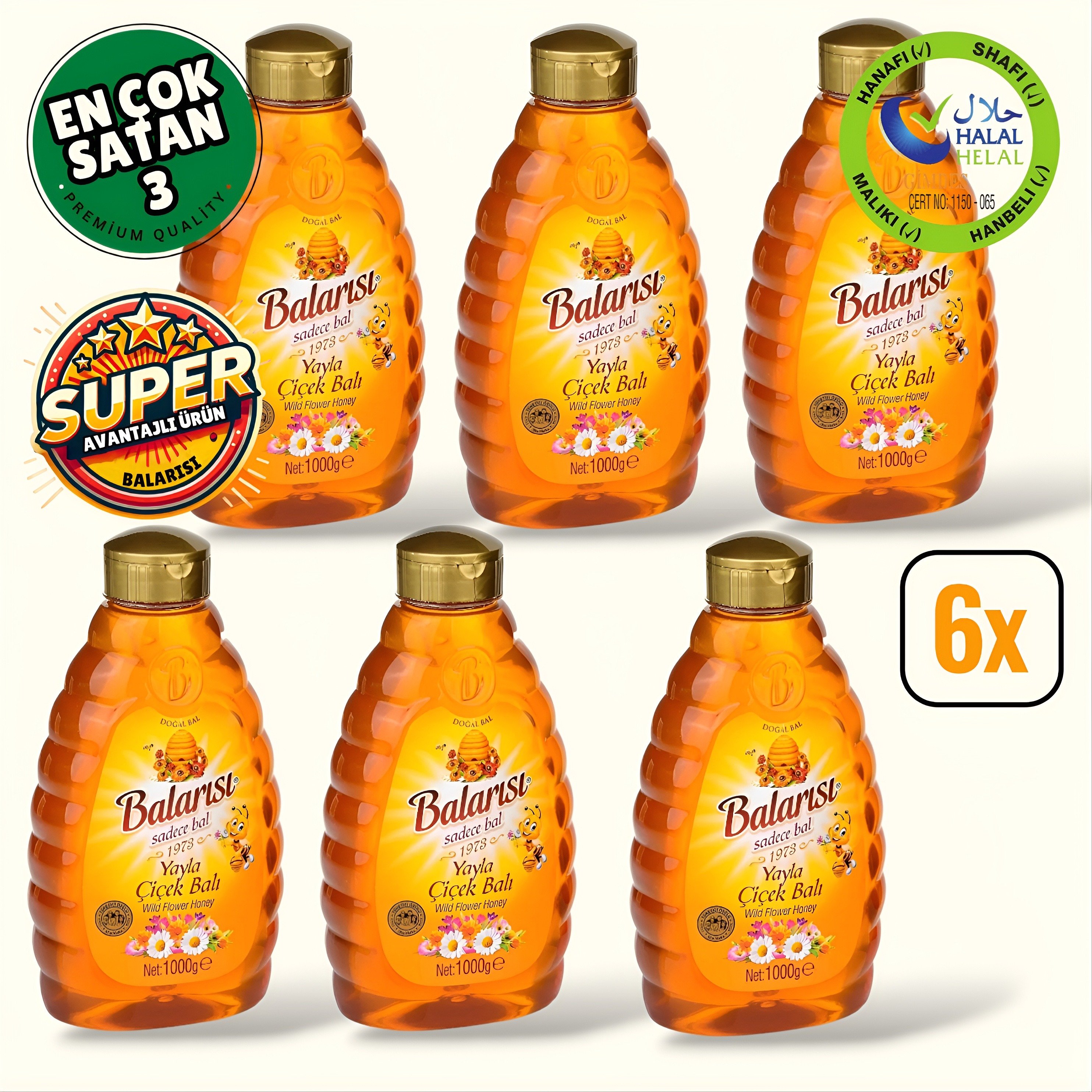 Balarısı Doğal Çiçek Balı 1 Kg Pratik Kapak (6 Adet) 6 Kg