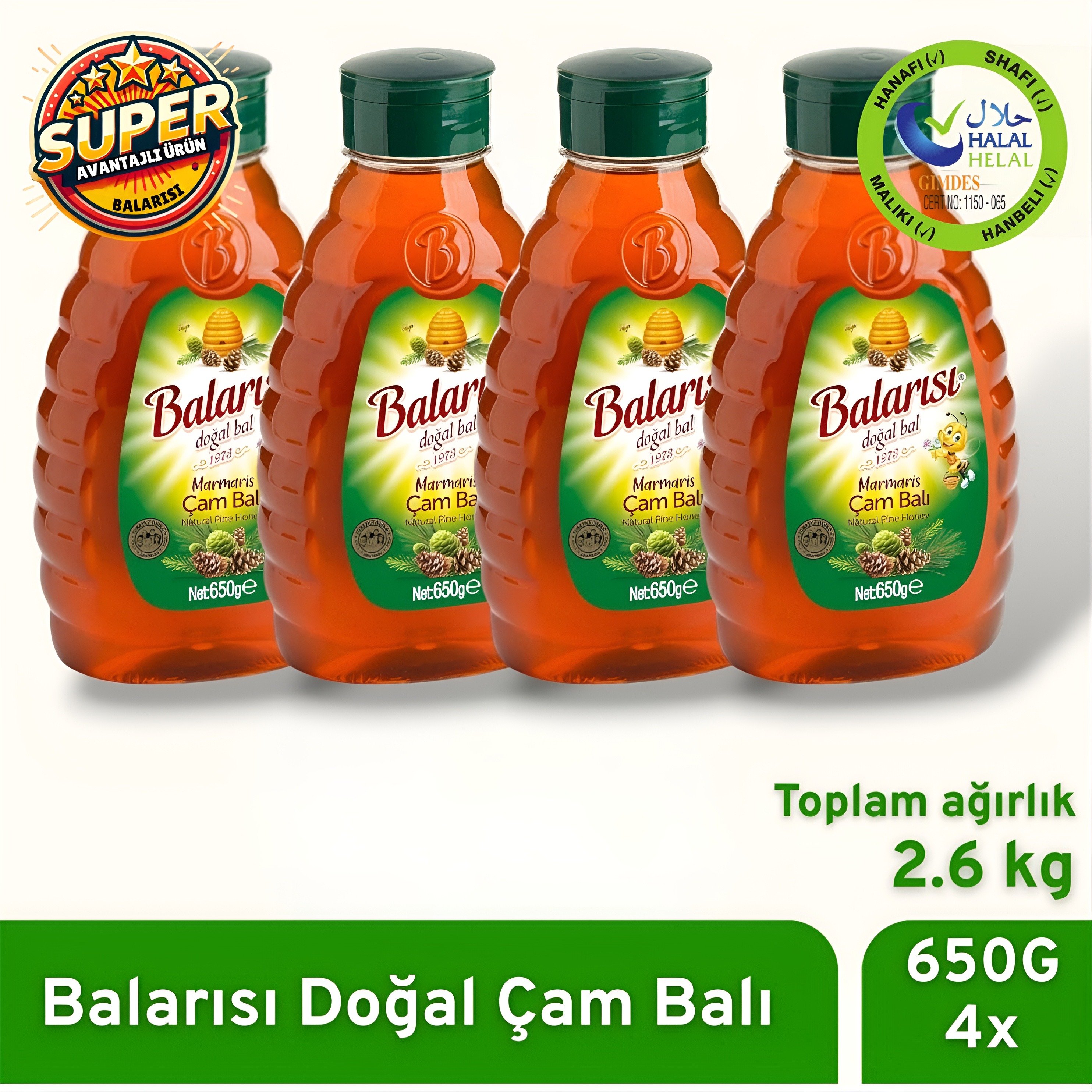 Balarısı Doğal Marmaris Çam Balı 650gr (4 Adet)