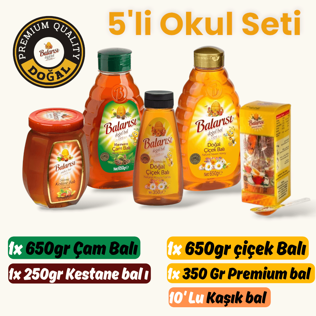 Okul Öncesi İhtiyaç Paketi (650gr Çam ve Çiçek, 250gr Kestane, 350gr premium bal ve 10 lu Kaşık bal) 