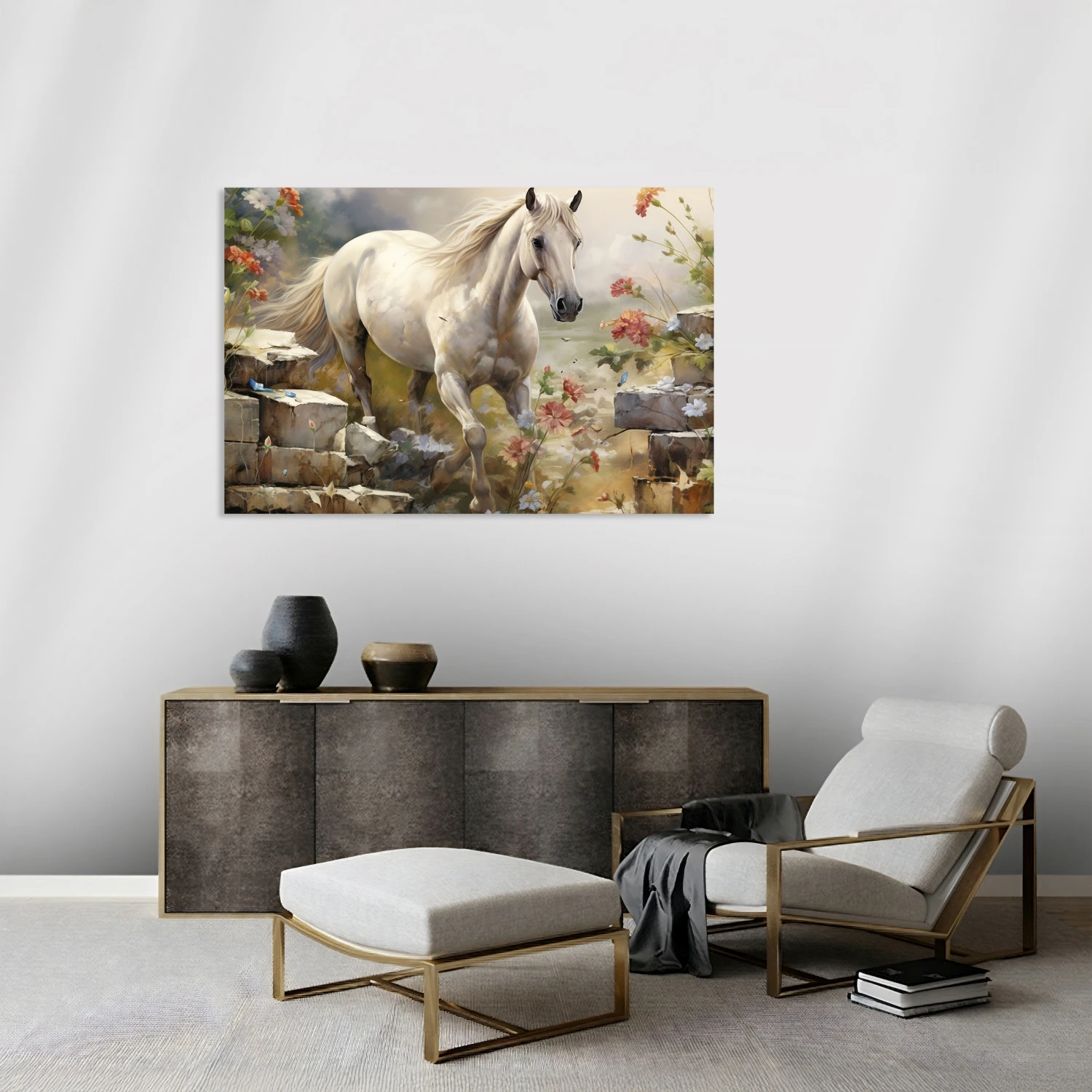 Beyaz At ve Çiçekler