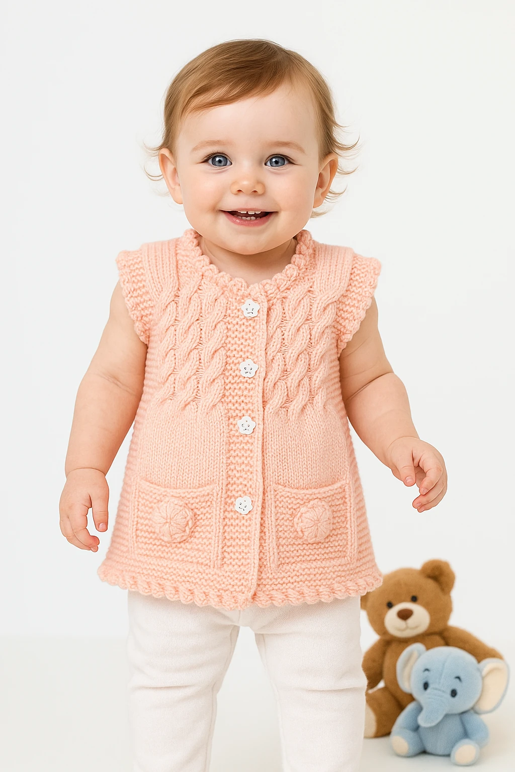 El İşi Örgü Desenli Düğmeli Yelek