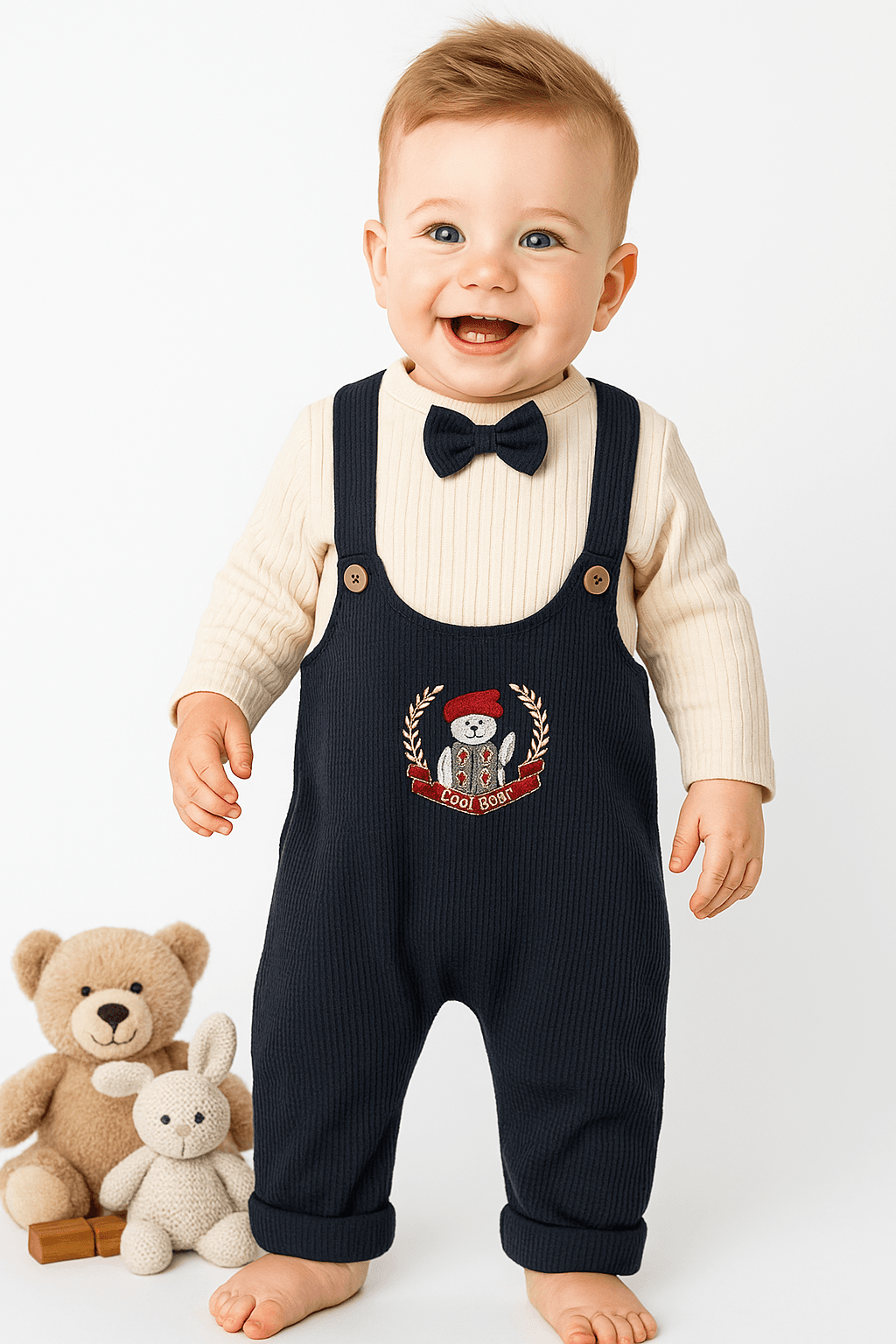 Baby Papyonlu Waffle Kumaş 2'li Salopet Set