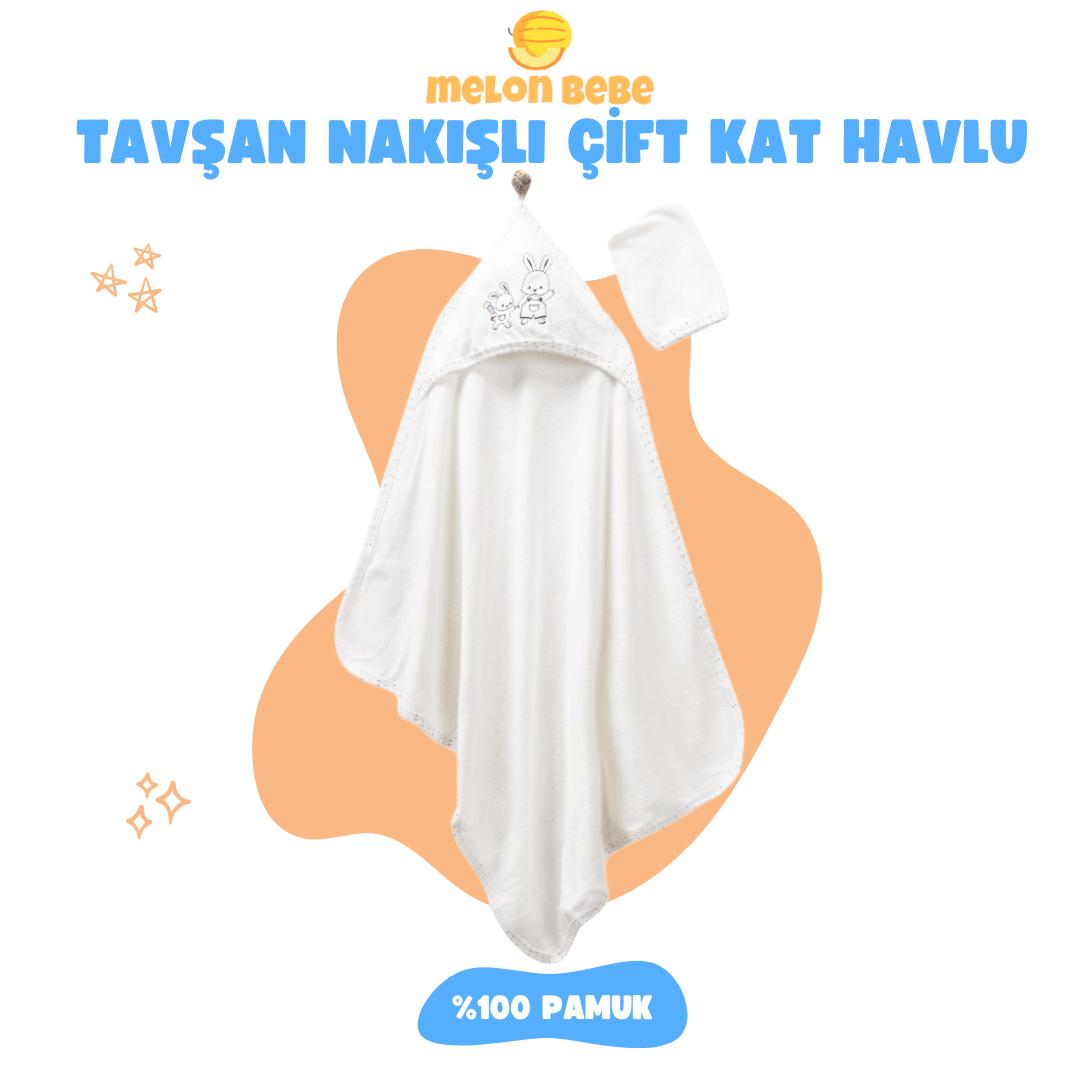 Tavşan Nakışlı Çift Kat Havlu - Mavi