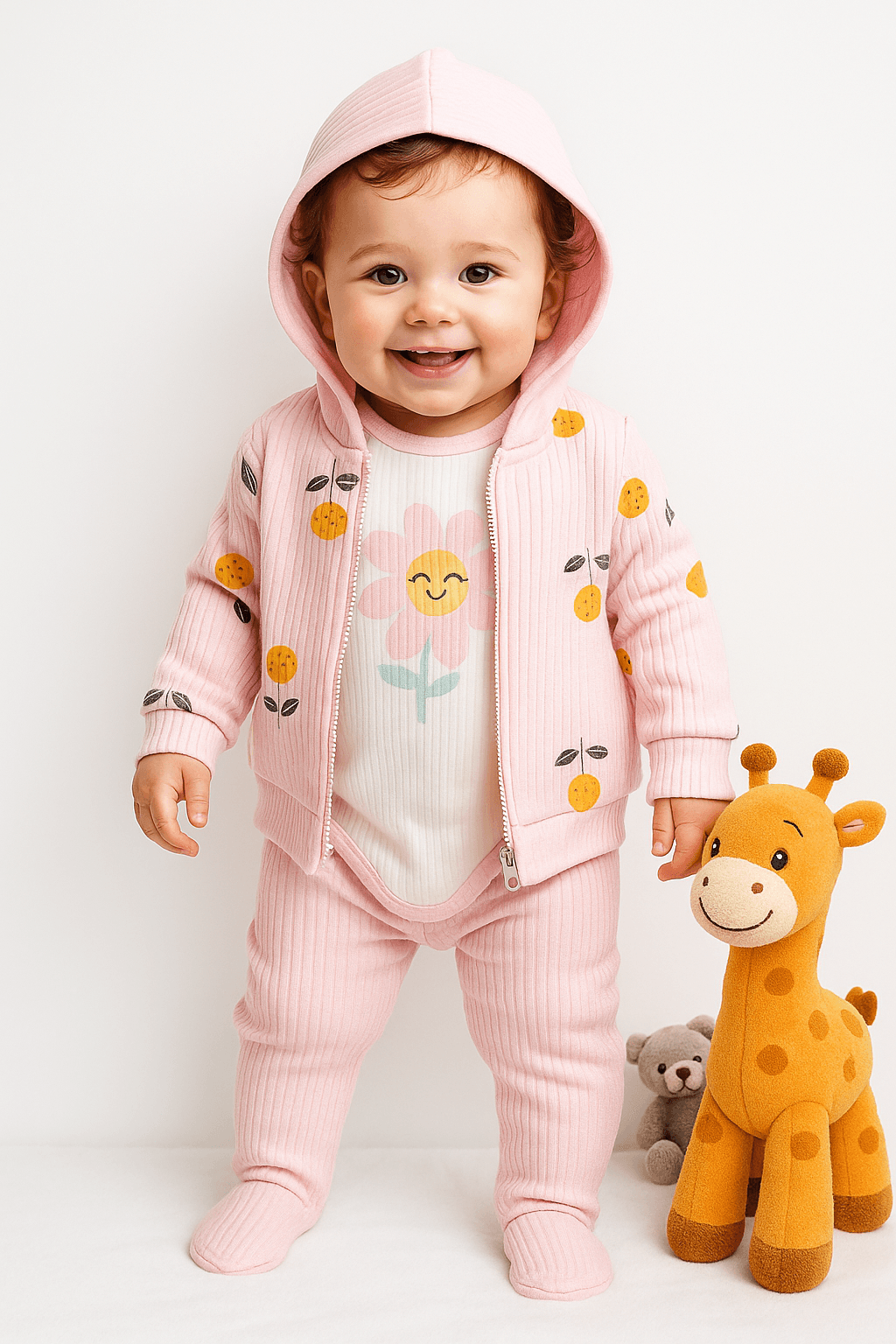 Cute Flowers Kapşonlu Yelekli 3'lü Takım